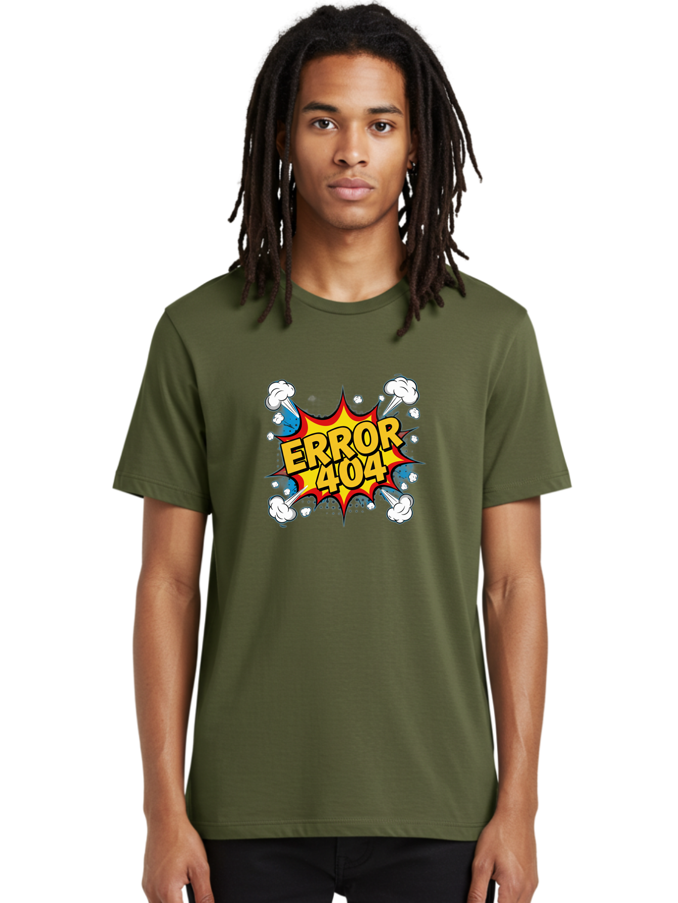 Error-404-3 Men'S Graphic Tee, 100% Cotton, Comfortable Casual Summer Wear, Machine Washable, Error Message, 404 Page Not Found, Cartoon Style, Comic Explosion, Yellow Text, Red Outline, White Clouds, Blue Bombs, Retro Aesthetic, Funny Design, Baa651
