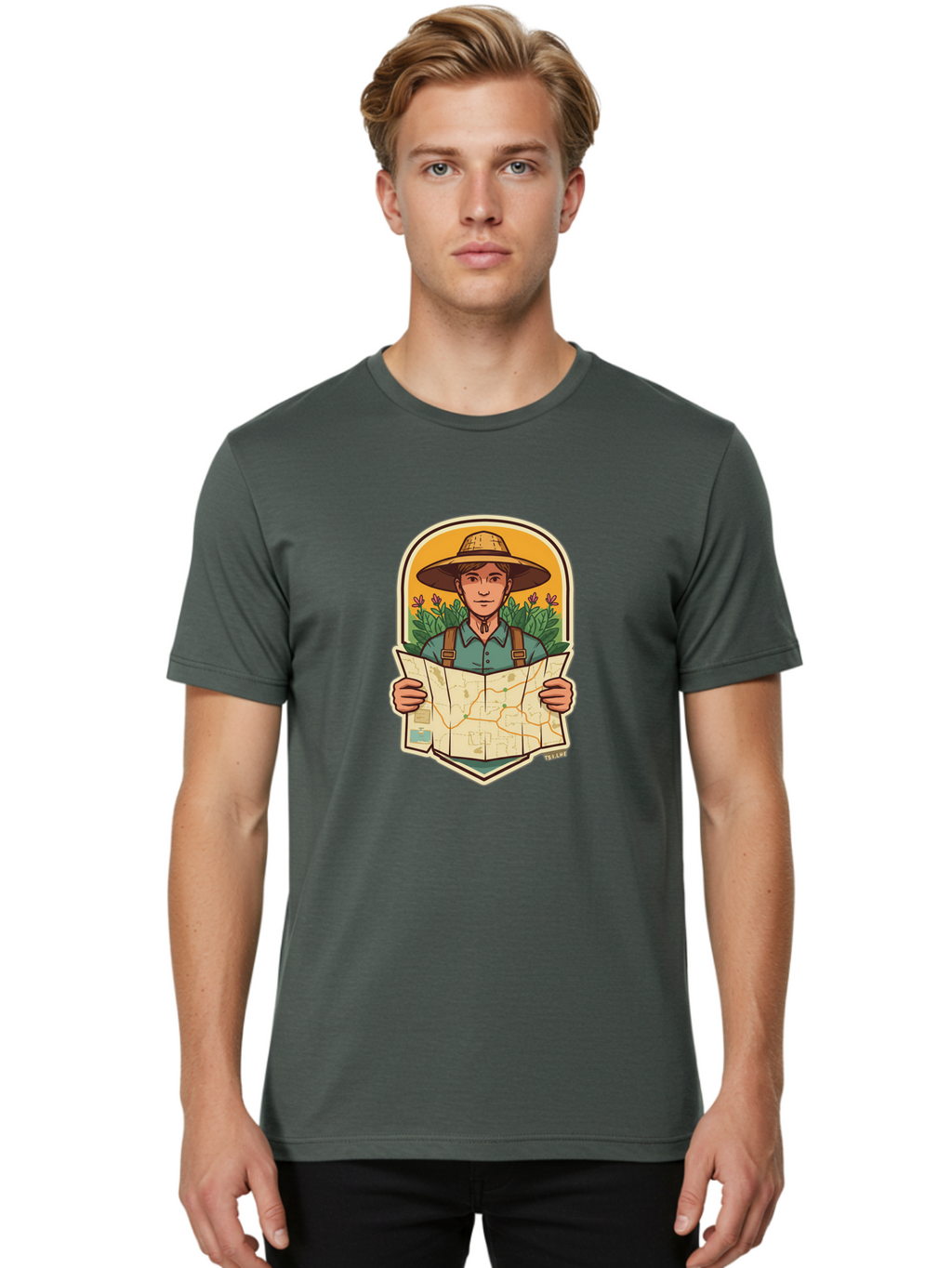 Explorer-With-Map Men'S Graphic Tee, 100% Cotton, Comfortable Casual Summer Wear, Machine Washable, Hiker With Map, Outdoor Adventure, Travel Planning, Exploration, Nature Reserve, Wilderness, Trekking, Outdoor Enthusiast, Navigation, Route Baa653