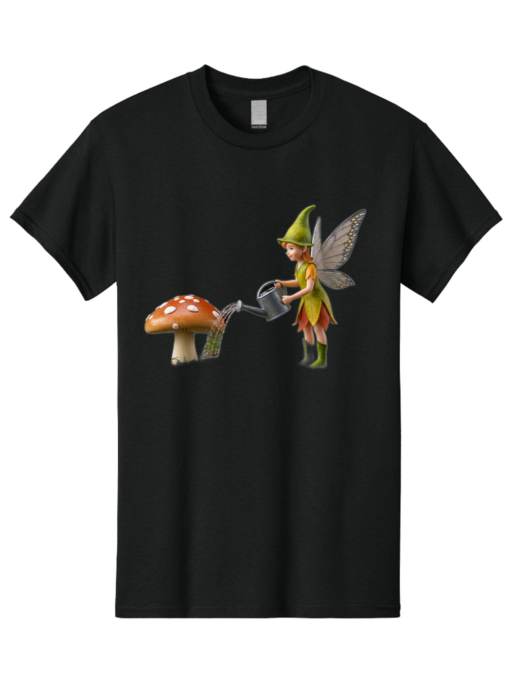 Fairy-Watering-Mushroom Men'S Graphic Tee, 100% Cotton, Comfortable Casual Summer Wear, Machine Washable, Fairy Watering Mushroom, Whimsical Scene, Fantastical Creature, Green Hat, Yellow Dress, Watering Can, Red Mushroom, White Spots, Baa654