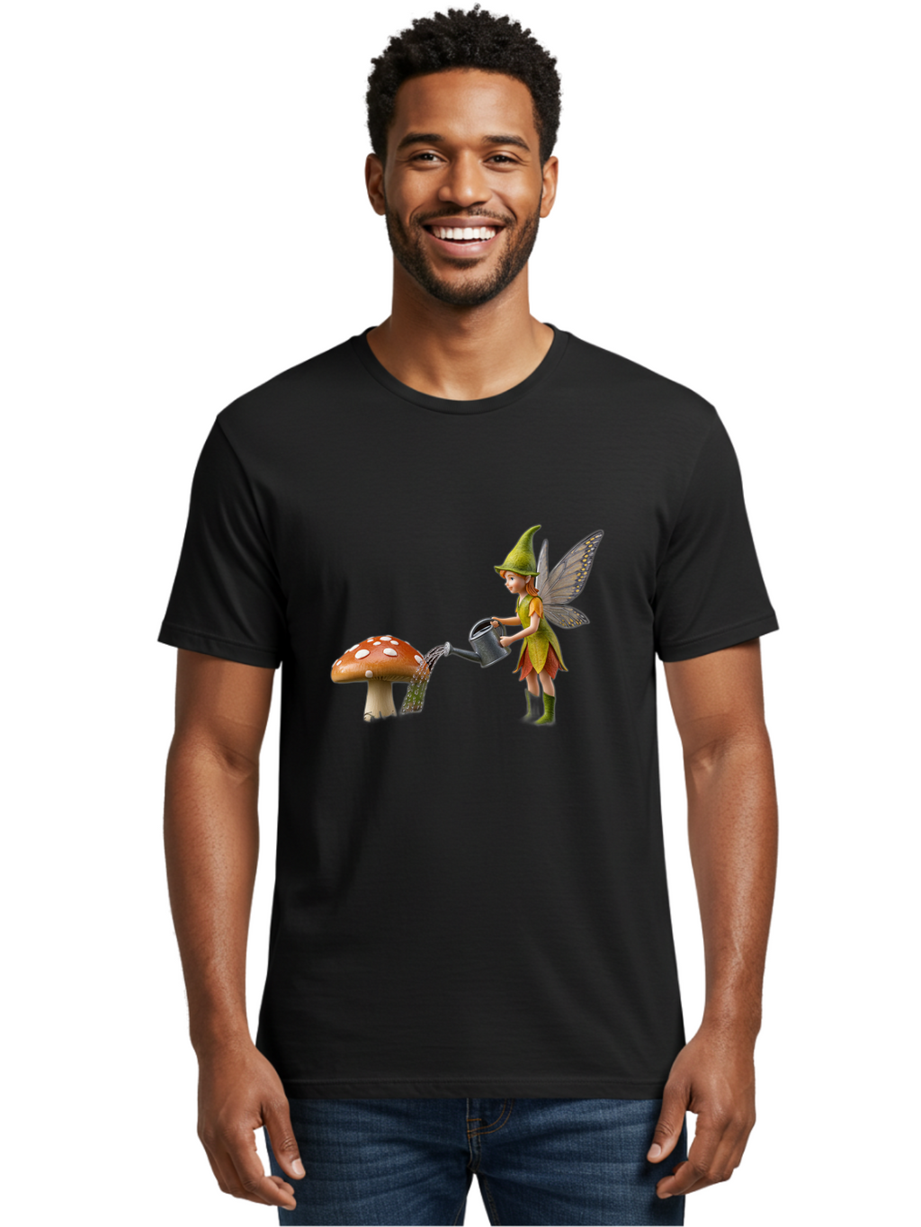 Fairy-Watering-Mushroom Men'S Graphic Tee, 100% Cotton, Comfortable Casual Summer Wear, Machine Washable, Fairy Watering Mushroom, Whimsical Scene, Fantastical Creature, Green Hat, Yellow Dress, Watering Can, Red Mushroom, White Spots, Baa654