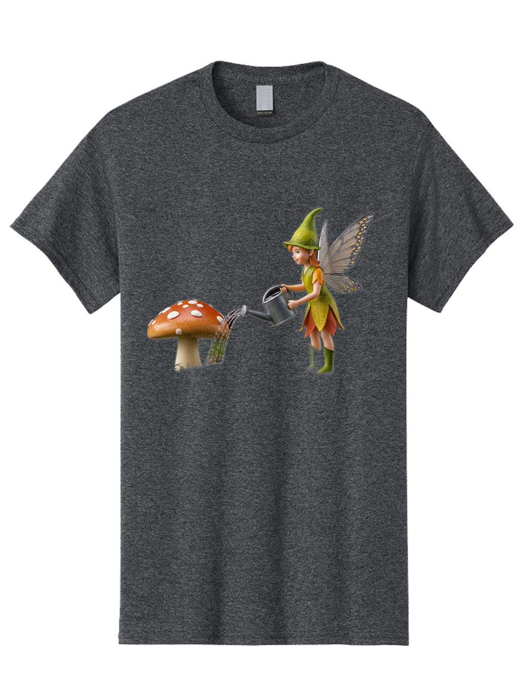 Fairy-Watering-Mushroom Men'S Graphic Tee, 100% Cotton, Comfortable Casual Summer Wear, Machine Washable, Fairy Watering Mushroom, Whimsical Scene, Fantastical Creature, Green Hat, Yellow Dress, Watering Can, Red Mushroom, White Spots, Baa654