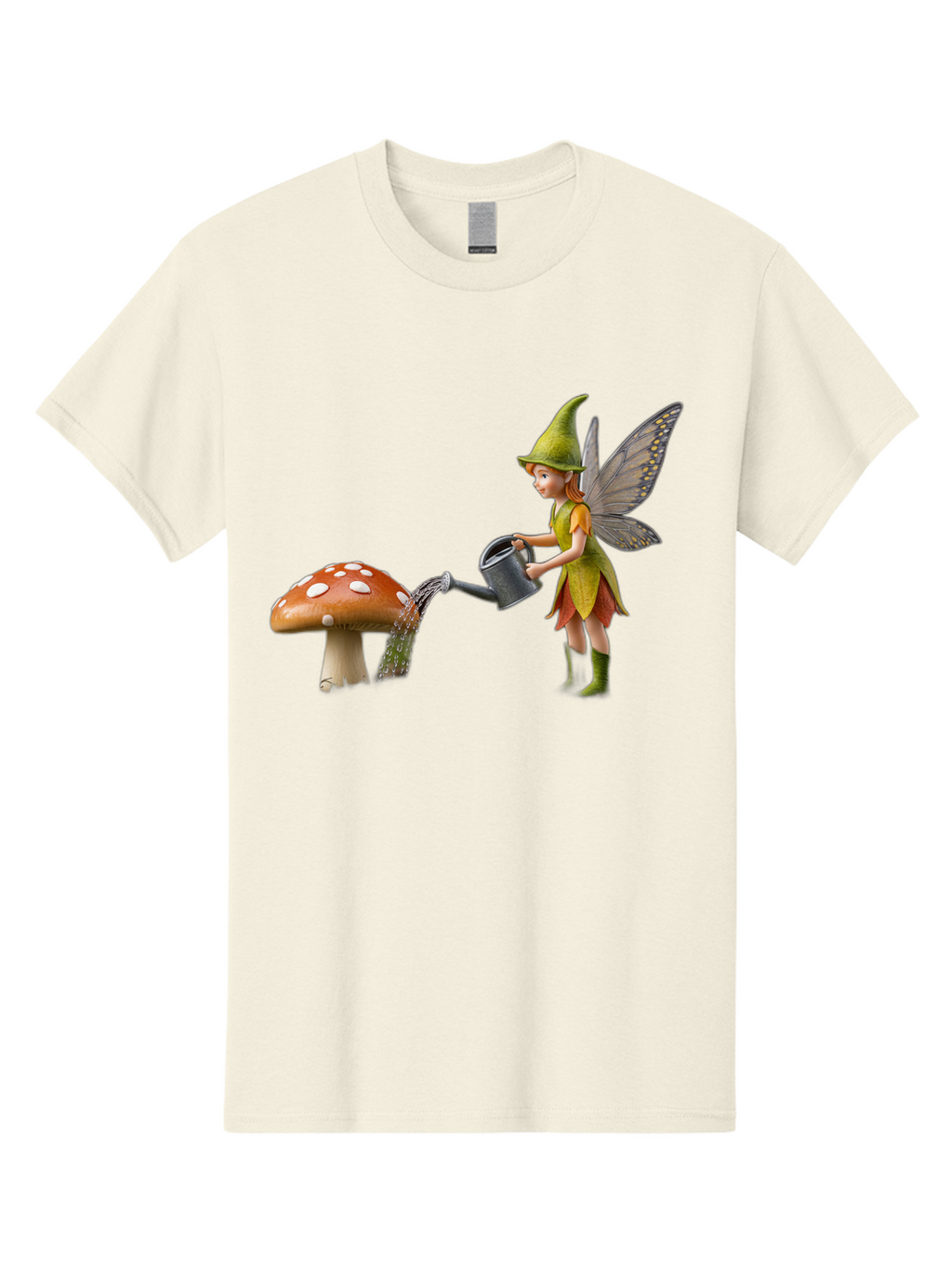 Fairy-Watering-Mushroom Men'S Graphic Tee, 100% Cotton, Comfortable Casual Summer Wear, Machine Washable, Fairy Watering Mushroom, Whimsical Scene, Fantastical Creature, Green Hat, Yellow Dress, Watering Can, Red Mushroom, White Spots, Baa654