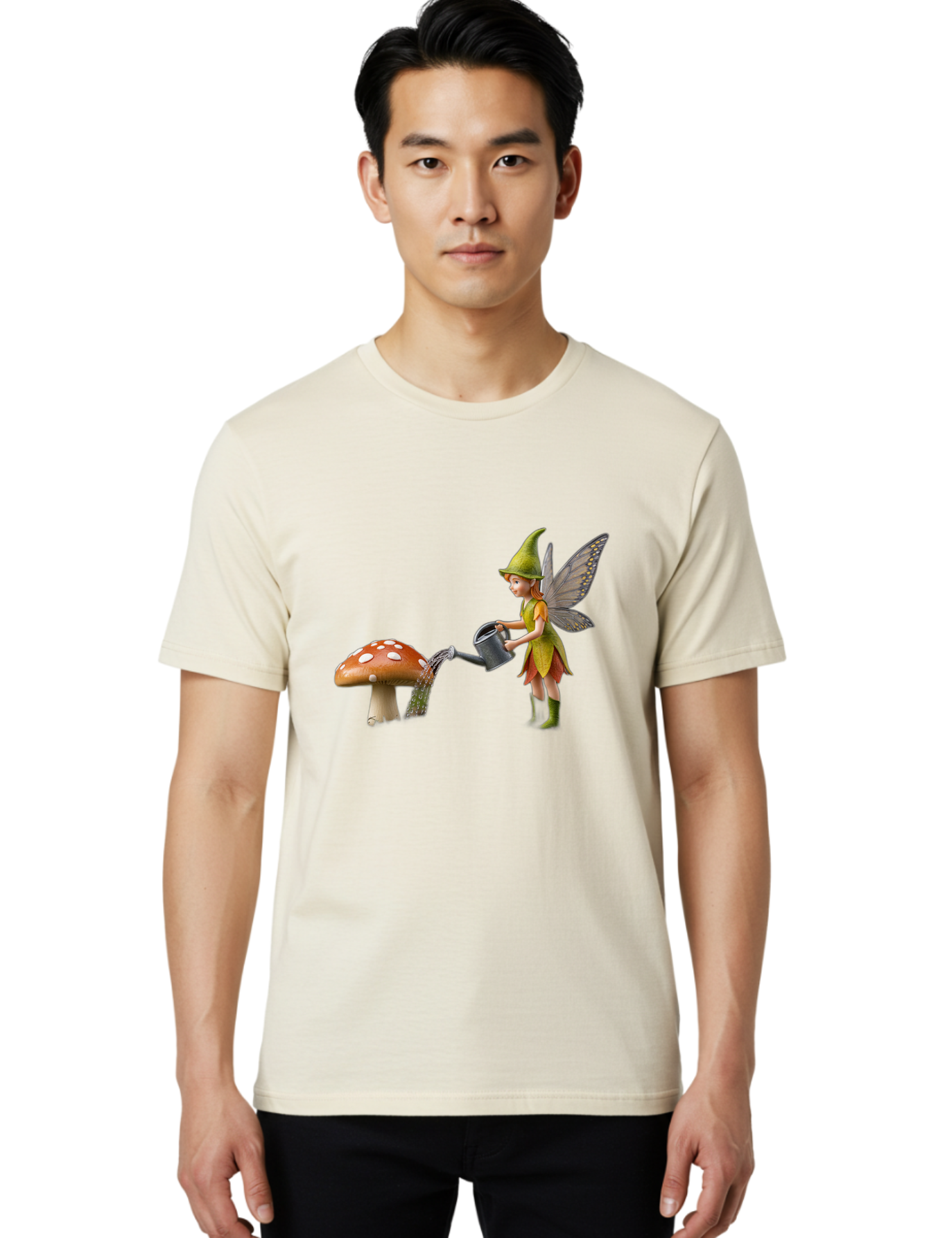 Fairy-Watering-Mushroom Men'S Graphic Tee, 100% Cotton, Comfortable Casual Summer Wear, Machine Washable, Fairy Watering Mushroom, Whimsical Scene, Fantastical Creature, Green Hat, Yellow Dress, Watering Can, Red Mushroom, White Spots, Baa654