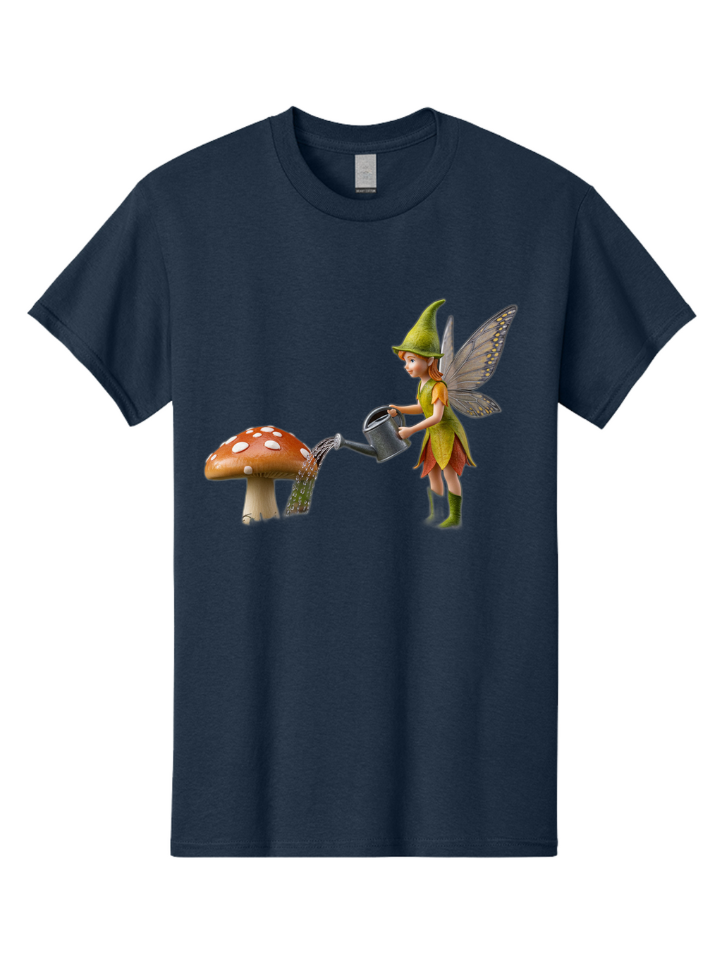 Fairy-Watering-Mushroom Men'S Graphic Tee, 100% Cotton, Comfortable Casual Summer Wear, Machine Washable, Fairy Watering Mushroom, Whimsical Scene, Fantastical Creature, Green Hat, Yellow Dress, Watering Can, Red Mushroom, White Spots, Baa654
