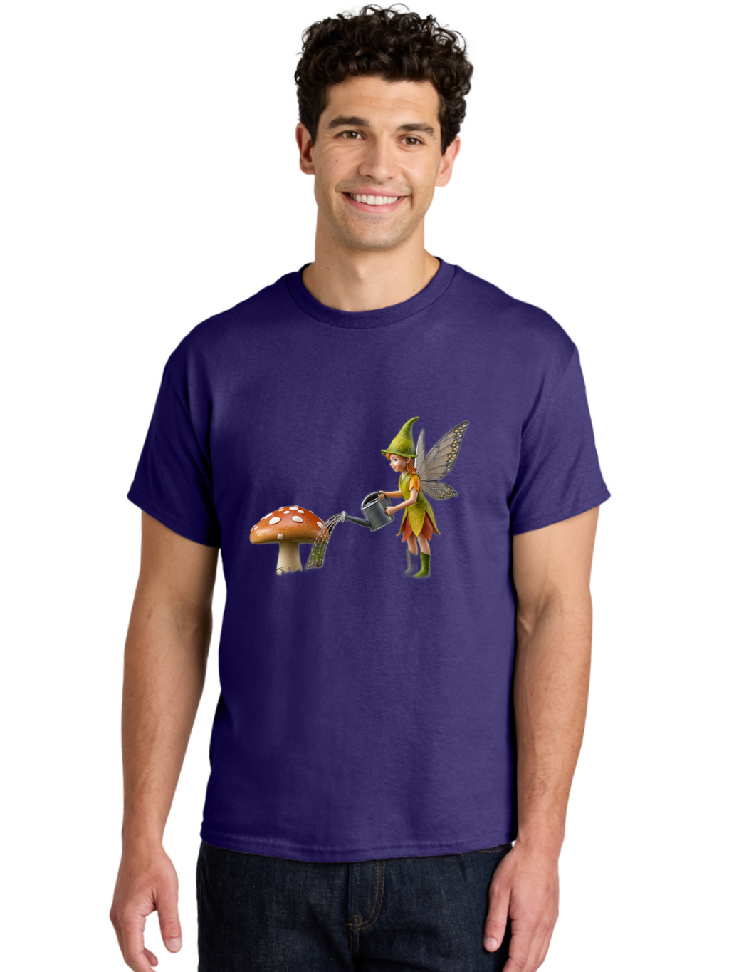 Fairy-Watering-Mushroom Men'S Graphic Tee, 100% Cotton, Comfortable Casual Summer Wear, Machine Washable, Fairy Watering Mushroom, Whimsical Scene, Fantastical Creature, Green Hat, Yellow Dress, Watering Can, Red Mushroom, White Spots, Baa654