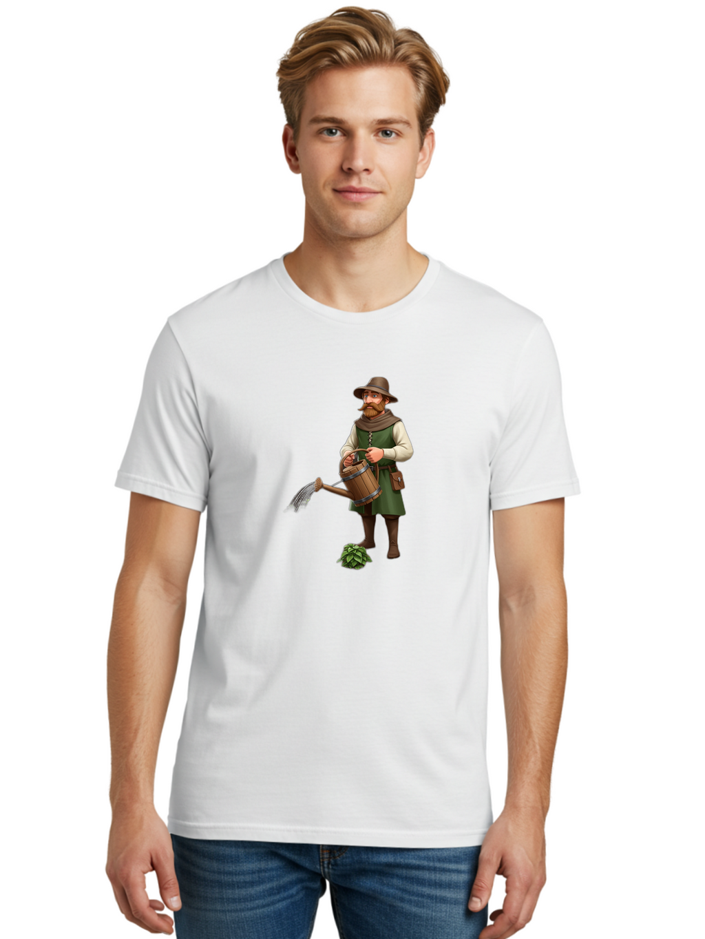 Farmer-Hops Men'S Graphic Tee, 100% Cotton, Comfortable Casual Summer Wear, Machine Washable, Cartoon Farmer, Gardening Tools, Watering Can, Rustic Clothing, Hat, Beard, Hop Plant, Agricultural Work, Manual Labor, Traditional Farming Baa655