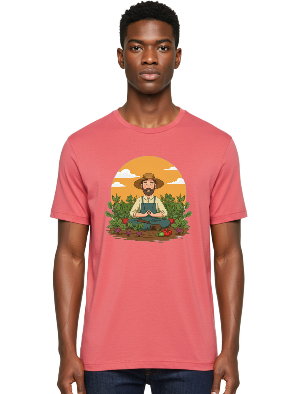 Farmer-Meditating Men'S Graphic Tee, 100% Cotton, Comfortable Casual Summer Wear, Machine Washable, Farmer Meditating In Garden, Peaceful Atmosphere, Gardening, Organic Farming, Healthy Lifestyle, Relaxation, Bearded Man, Lotus Position, Baa656