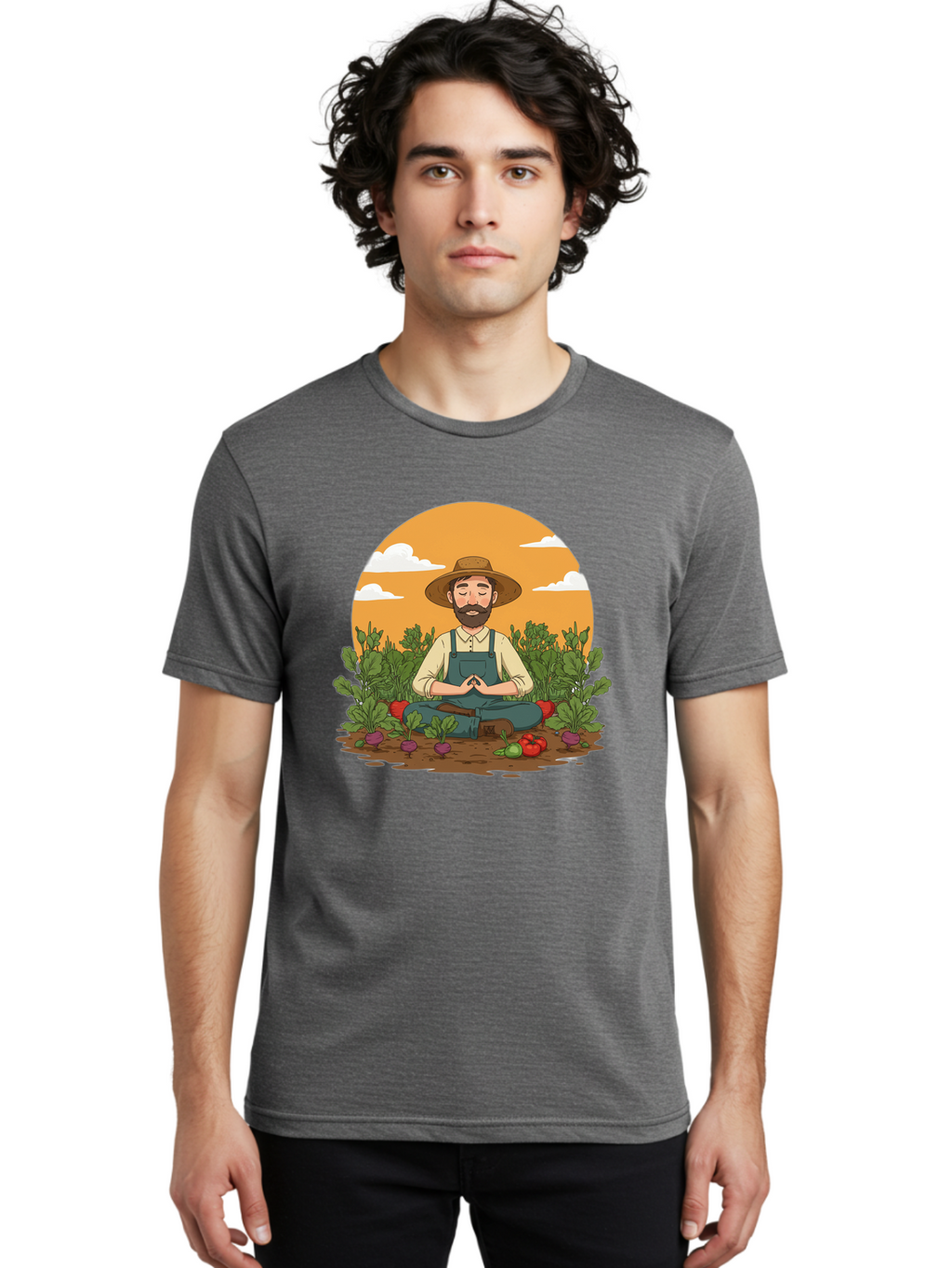 Farmer-Meditating Men'S Graphic Tee, 100% Cotton, Comfortable Casual Summer Wear, Machine Washable, Farmer Meditating In Garden, Peaceful Atmosphere, Gardening, Organic Farming, Healthy Lifestyle, Relaxation, Bearded Man, Lotus Position, Baa656