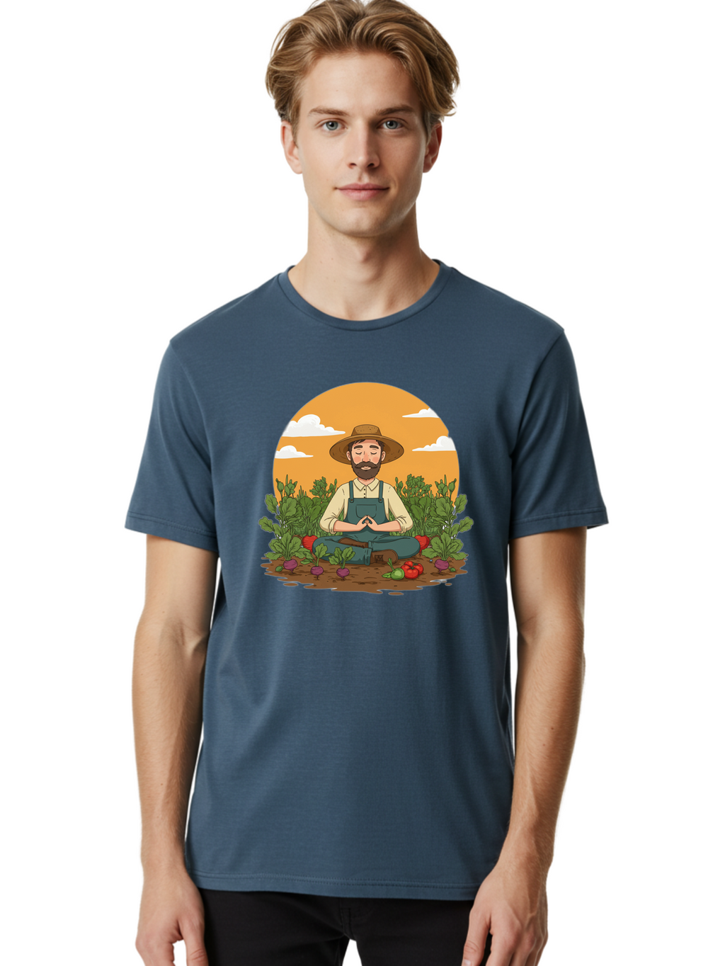 Farmer-Meditating Men'S Graphic Tee, 100% Cotton, Comfortable Casual Summer Wear, Machine Washable, Farmer Meditating In Garden, Peaceful Atmosphere, Gardening, Organic Farming, Healthy Lifestyle, Relaxation, Bearded Man, Lotus Position, Baa656