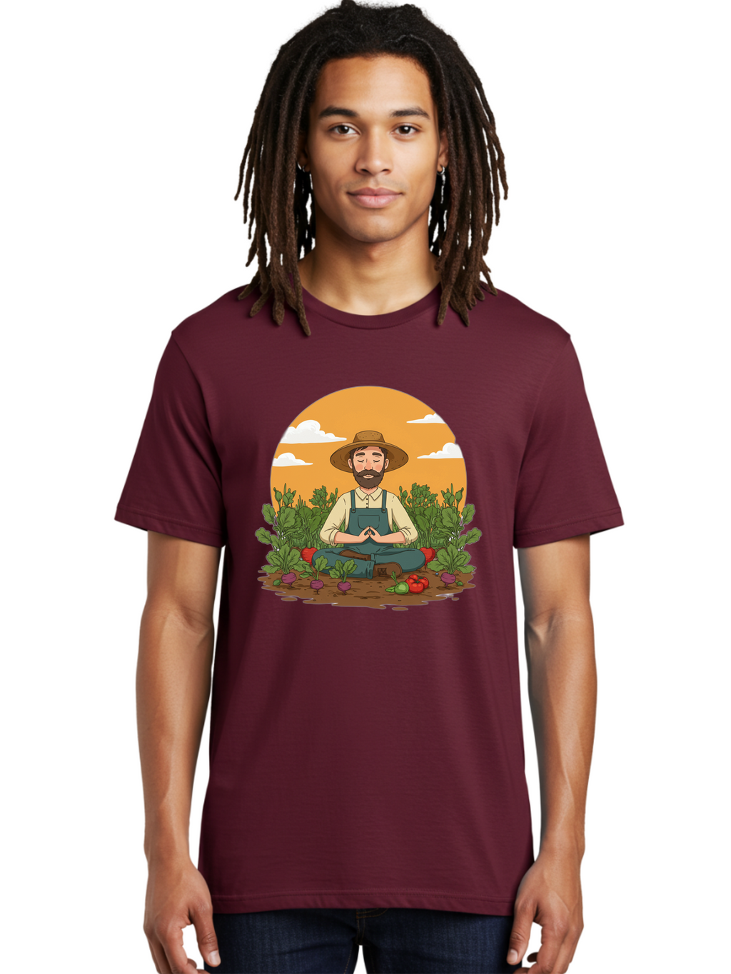 Farmer-Meditating Men'S Graphic Tee, 100% Cotton, Comfortable Casual Summer Wear, Machine Washable, Farmer Meditating In Garden, Peaceful Atmosphere, Gardening, Organic Farming, Healthy Lifestyle, Relaxation, Bearded Man, Lotus Position, Baa656