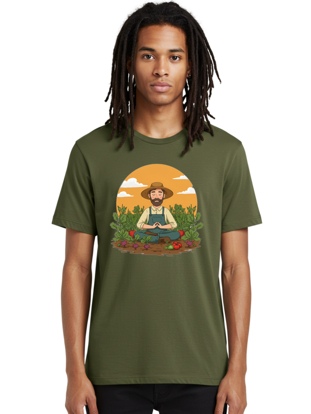 Farmer-Meditating Men'S Graphic Tee, 100% Cotton, Comfortable Casual Summer Wear, Machine Washable, Farmer Meditating In Garden, Peaceful Atmosphere, Gardening, Organic Farming, Healthy Lifestyle, Relaxation, Bearded Man, Lotus Position, Baa656
