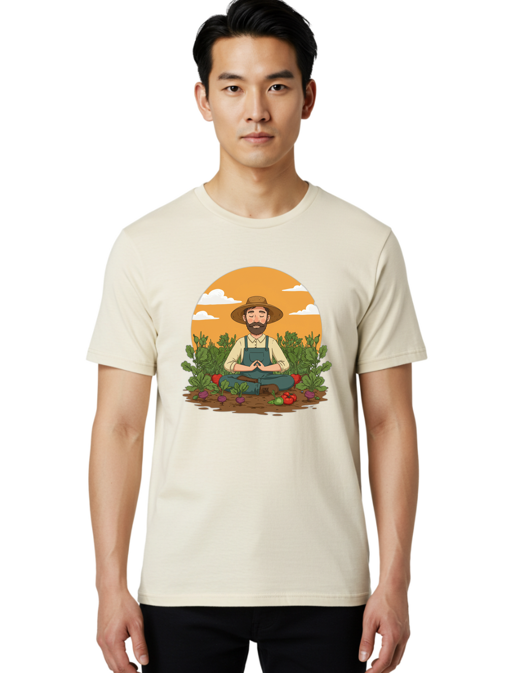 Farmer-Meditating Men'S Graphic Tee, 100% Cotton, Comfortable Casual Summer Wear, Machine Washable, Farmer Meditating In Garden, Peaceful Atmosphere, Gardening, Organic Farming, Healthy Lifestyle, Relaxation, Bearded Man, Lotus Position, Baa656