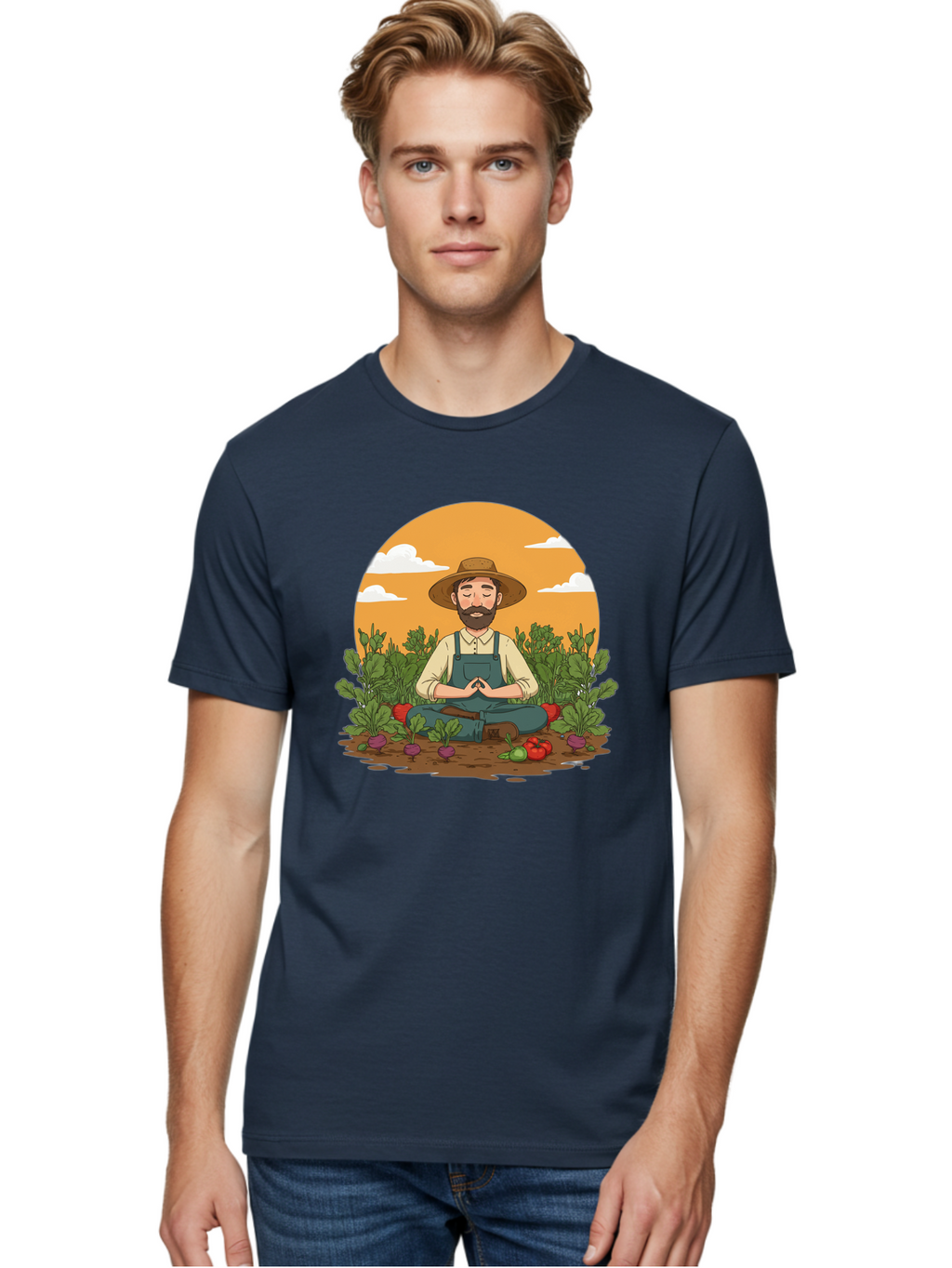Farmer-Meditating Men'S Graphic Tee, 100% Cotton, Comfortable Casual Summer Wear, Machine Washable, Farmer Meditating In Garden, Peaceful Atmosphere, Gardening, Organic Farming, Healthy Lifestyle, Relaxation, Bearded Man, Lotus Position, Baa656