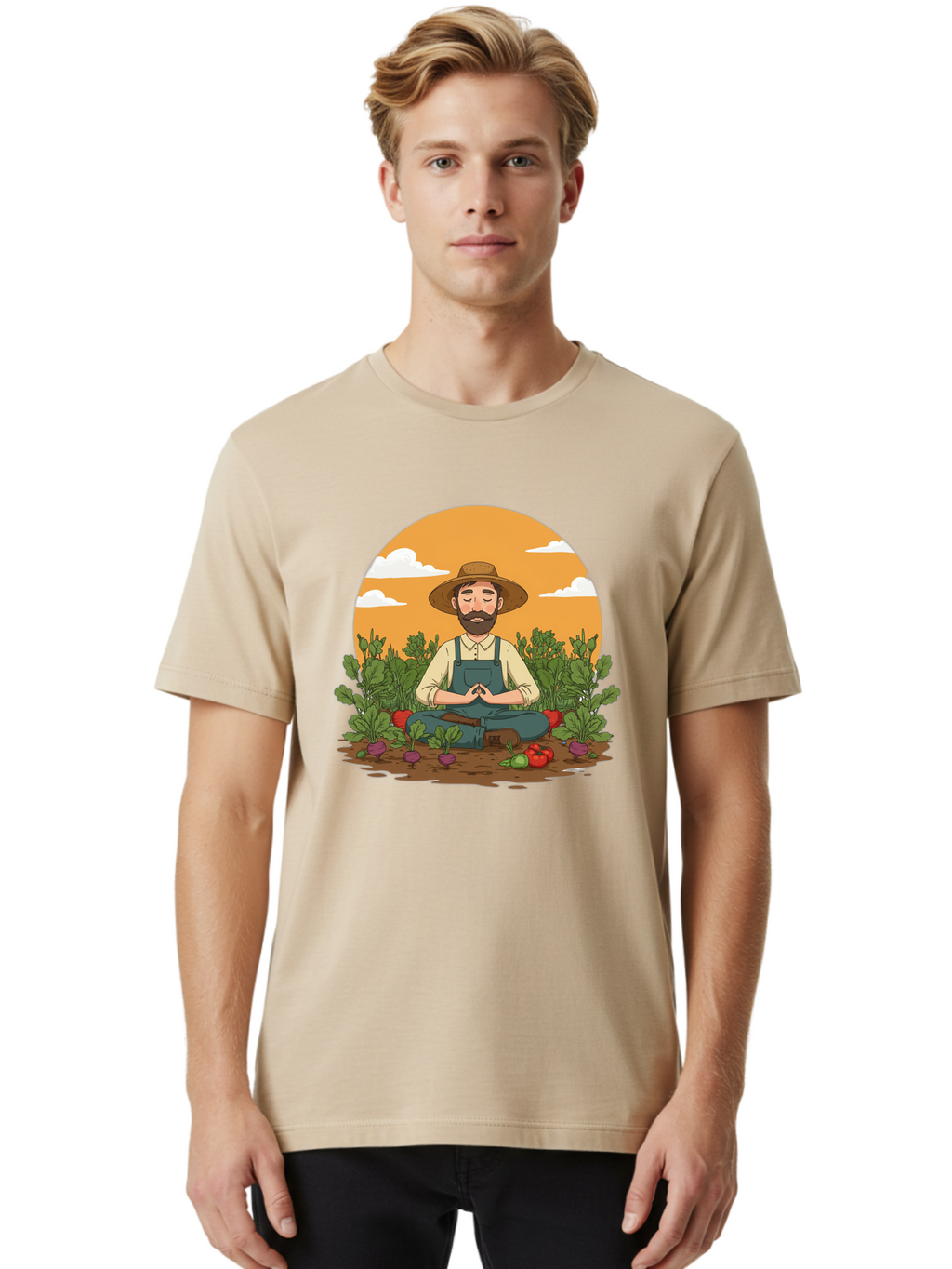Farmer-Meditating Men'S Graphic Tee, 100% Cotton, Comfortable Casual Summer Wear, Machine Washable, Farmer Meditating In Garden, Peaceful Atmosphere, Gardening, Organic Farming, Healthy Lifestyle, Relaxation, Bearded Man, Lotus Position, Baa656