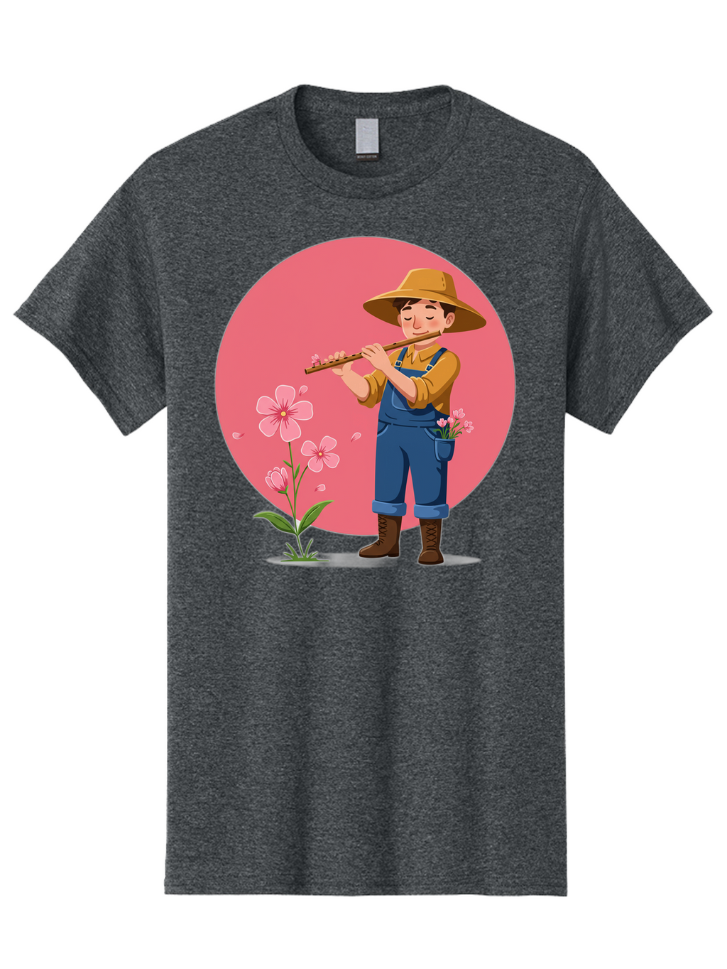 Farmer-Playing-Flute Men'S Graphic Tee, 100% Cotton, Comfortable Casual Summer Wear, Machine Washable, Farmer Playing Flute, Pink Flowers, Cartoon Character, Blue Overalls, Yellow Hat, Serene Atmosphere, Rural Setting, Floral Theme, Baa657