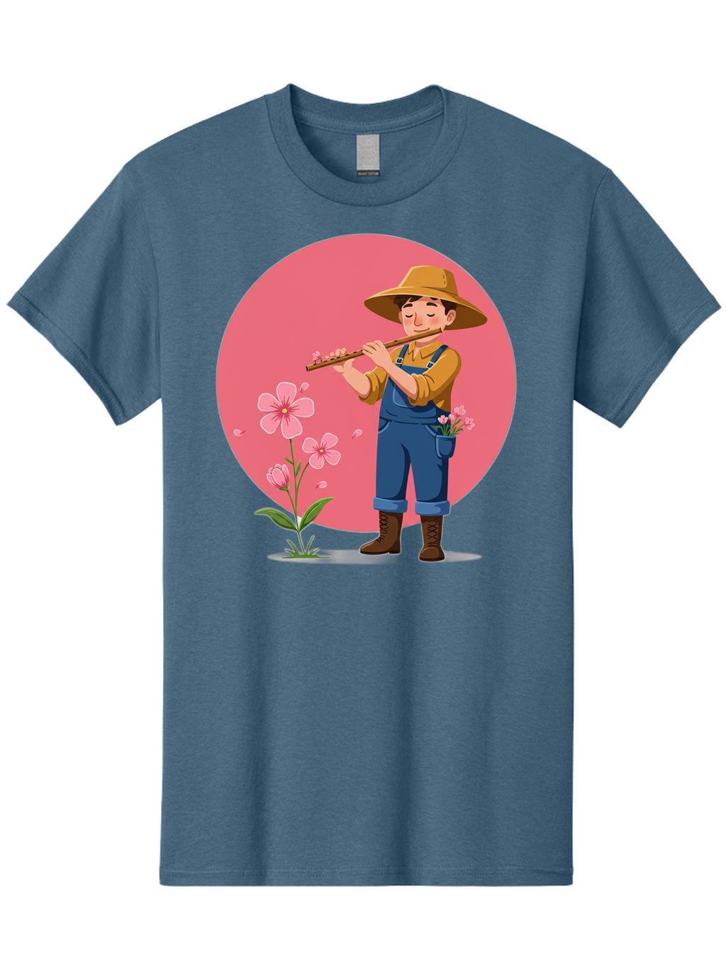 Farmer-Playing-Flute Men'S Graphic Tee, 100% Cotton, Comfortable Casual Summer Wear, Machine Washable, Farmer Playing Flute, Pink Flowers, Cartoon Character, Blue Overalls, Yellow Hat, Serene Atmosphere, Rural Setting, Floral Theme, Baa657