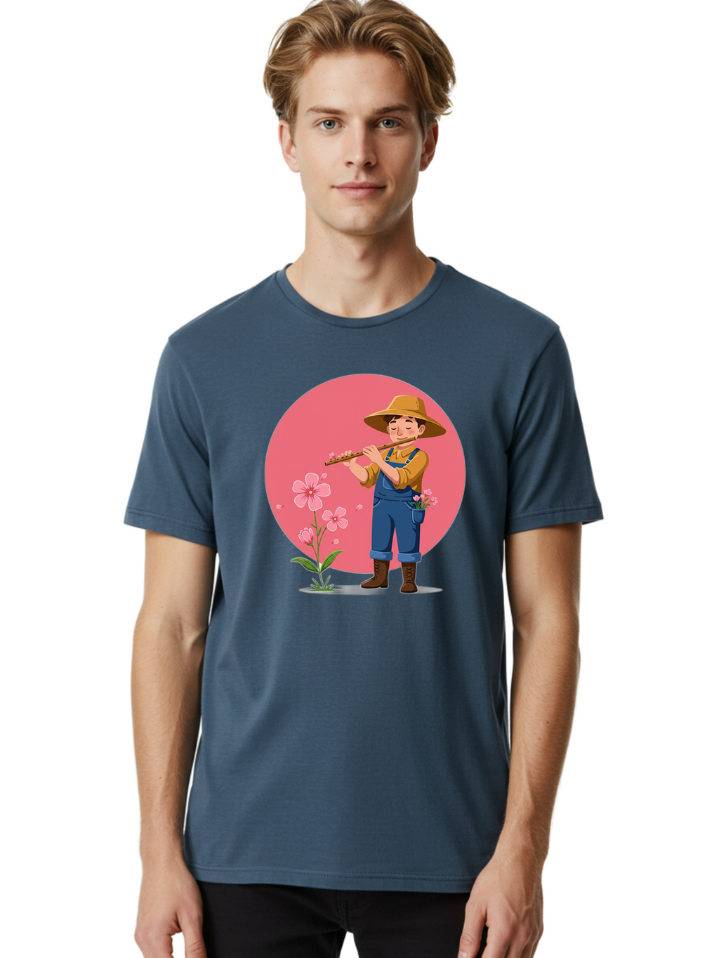 Farmer-Playing-Flute Men'S Graphic Tee, 100% Cotton, Comfortable Casual Summer Wear, Machine Washable, Farmer Playing Flute, Pink Flowers, Cartoon Character, Blue Overalls, Yellow Hat, Serene Atmosphere, Rural Setting, Floral Theme, Baa657