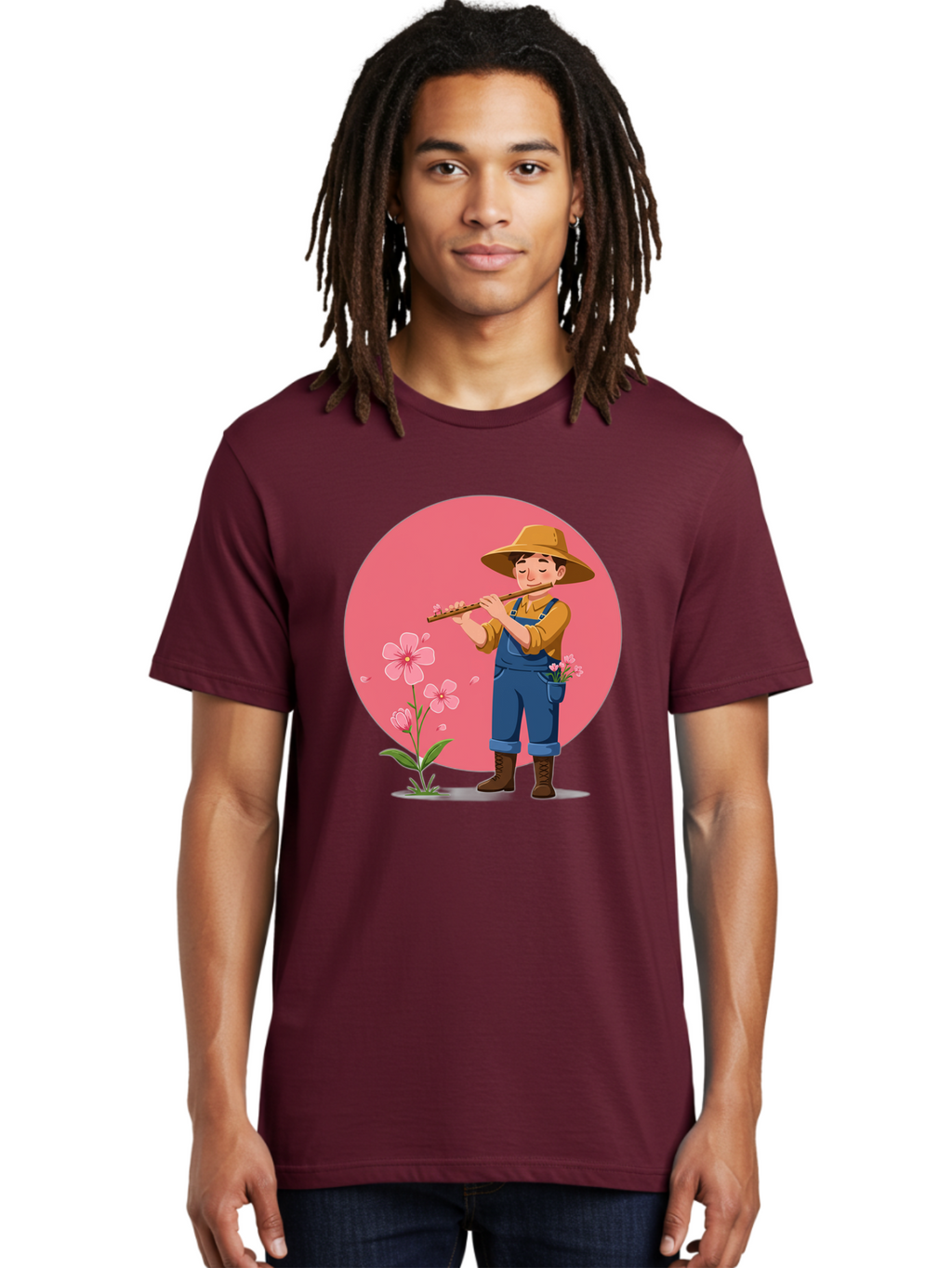 Farmer-Playing-Flute Men'S Graphic Tee, 100% Cotton, Comfortable Casual Summer Wear, Machine Washable, Farmer Playing Flute, Pink Flowers, Cartoon Character, Blue Overalls, Yellow Hat, Serene Atmosphere, Rural Setting, Floral Theme, Baa657