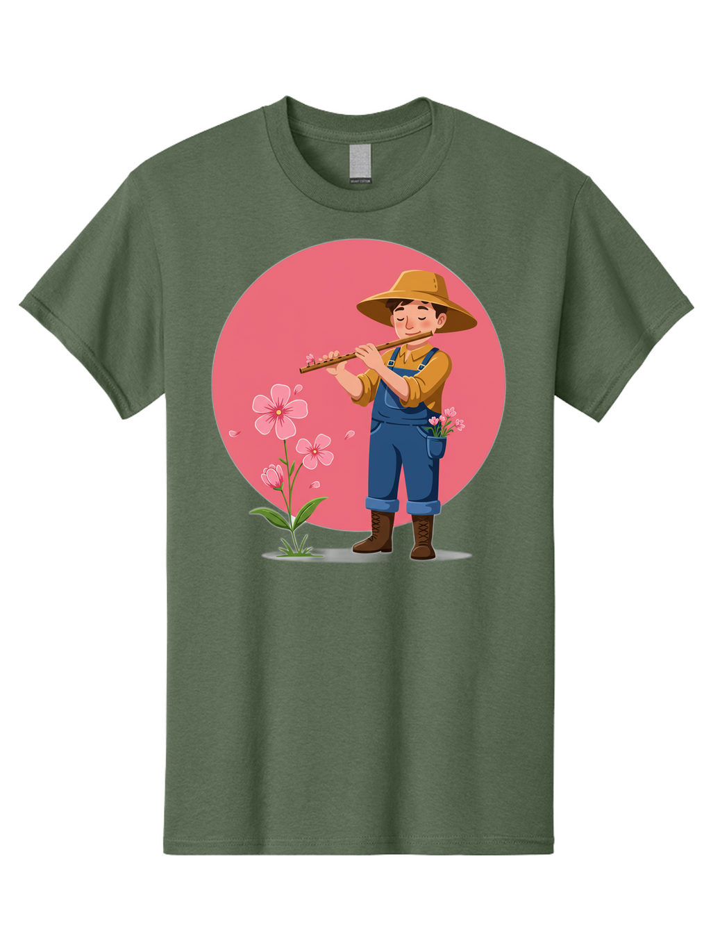 Farmer-Playing-Flute Men'S Graphic Tee, 100% Cotton, Comfortable Casual Summer Wear, Machine Washable, Farmer Playing Flute, Pink Flowers, Cartoon Character, Blue Overalls, Yellow Hat, Serene Atmosphere, Rural Setting, Floral Theme, Baa657
