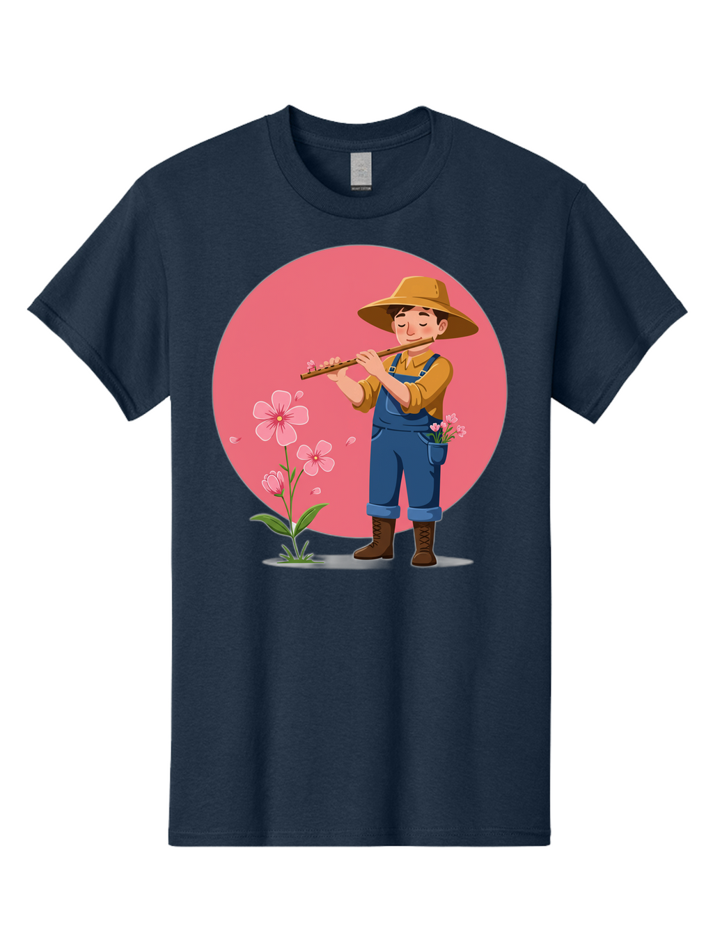 Farmer-Playing-Flute Men'S Graphic Tee, 100% Cotton, Comfortable Casual Summer Wear, Machine Washable, Farmer Playing Flute, Pink Flowers, Cartoon Character, Blue Overalls, Yellow Hat, Serene Atmosphere, Rural Setting, Floral Theme, Baa657