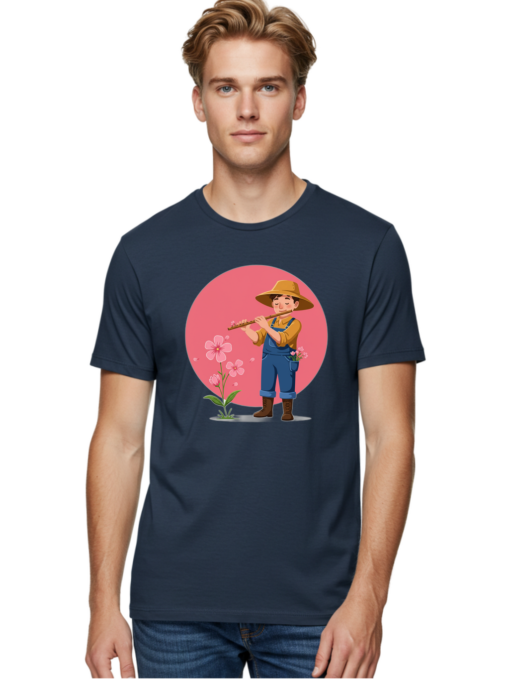 Farmer-Playing-Flute Men'S Graphic Tee, 100% Cotton, Comfortable Casual Summer Wear, Machine Washable, Farmer Playing Flute, Pink Flowers, Cartoon Character, Blue Overalls, Yellow Hat, Serene Atmosphere, Rural Setting, Floral Theme, Baa657