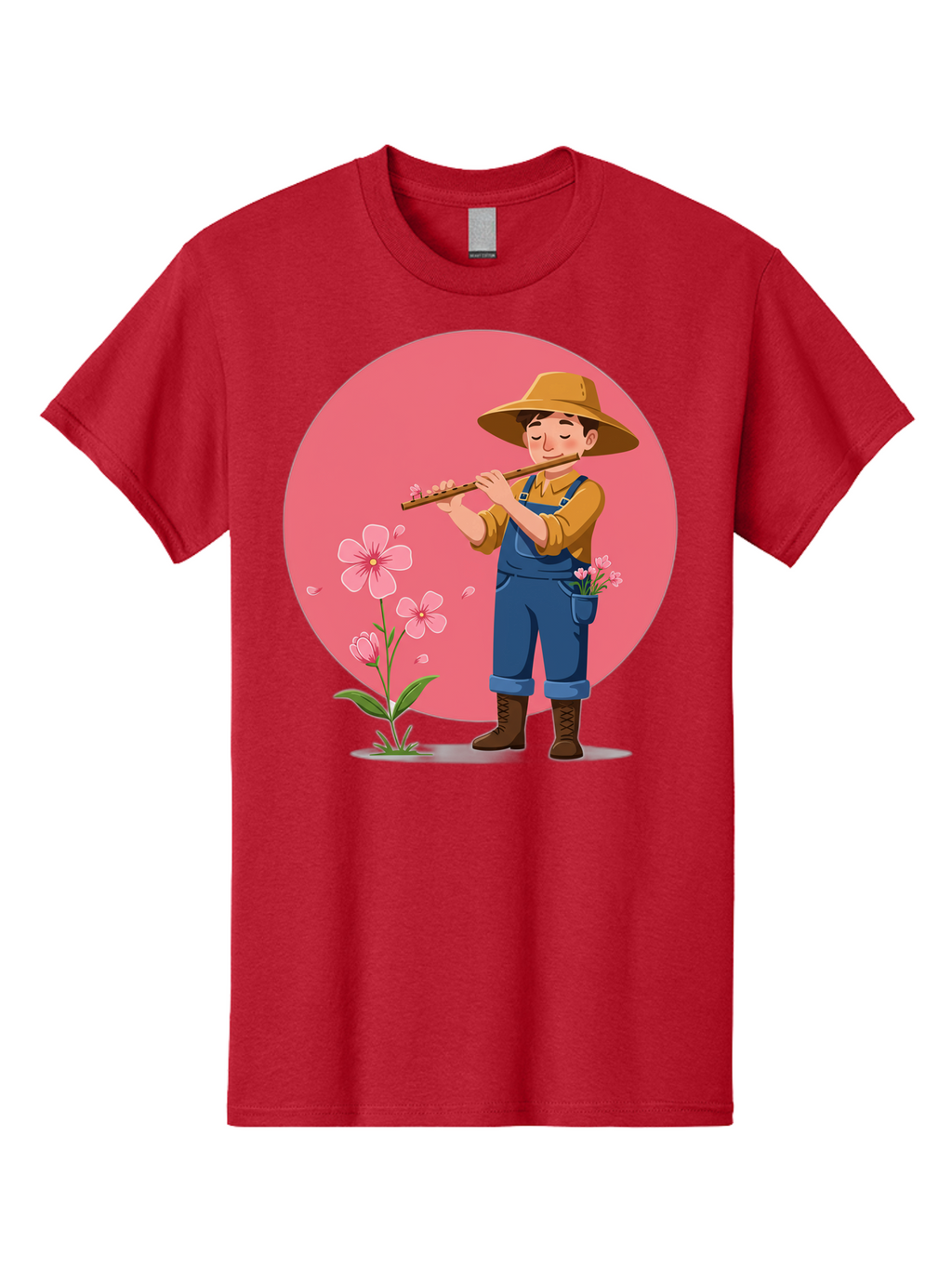 Farmer-Playing-Flute Men'S Graphic Tee, 100% Cotton, Comfortable Casual Summer Wear, Machine Washable, Farmer Playing Flute, Pink Flowers, Cartoon Character, Blue Overalls, Yellow Hat, Serene Atmosphere, Rural Setting, Floral Theme, Baa657
