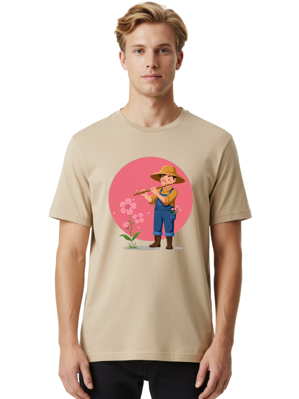 Farmer-Playing-Flute Men'S Graphic Tee, 100% Cotton, Comfortable Casual Summer Wear, Machine Washable, Farmer Playing Flute, Pink Flowers, Cartoon Character, Blue Overalls, Yellow Hat, Serene Atmosphere, Rural Setting, Floral Theme, Baa657