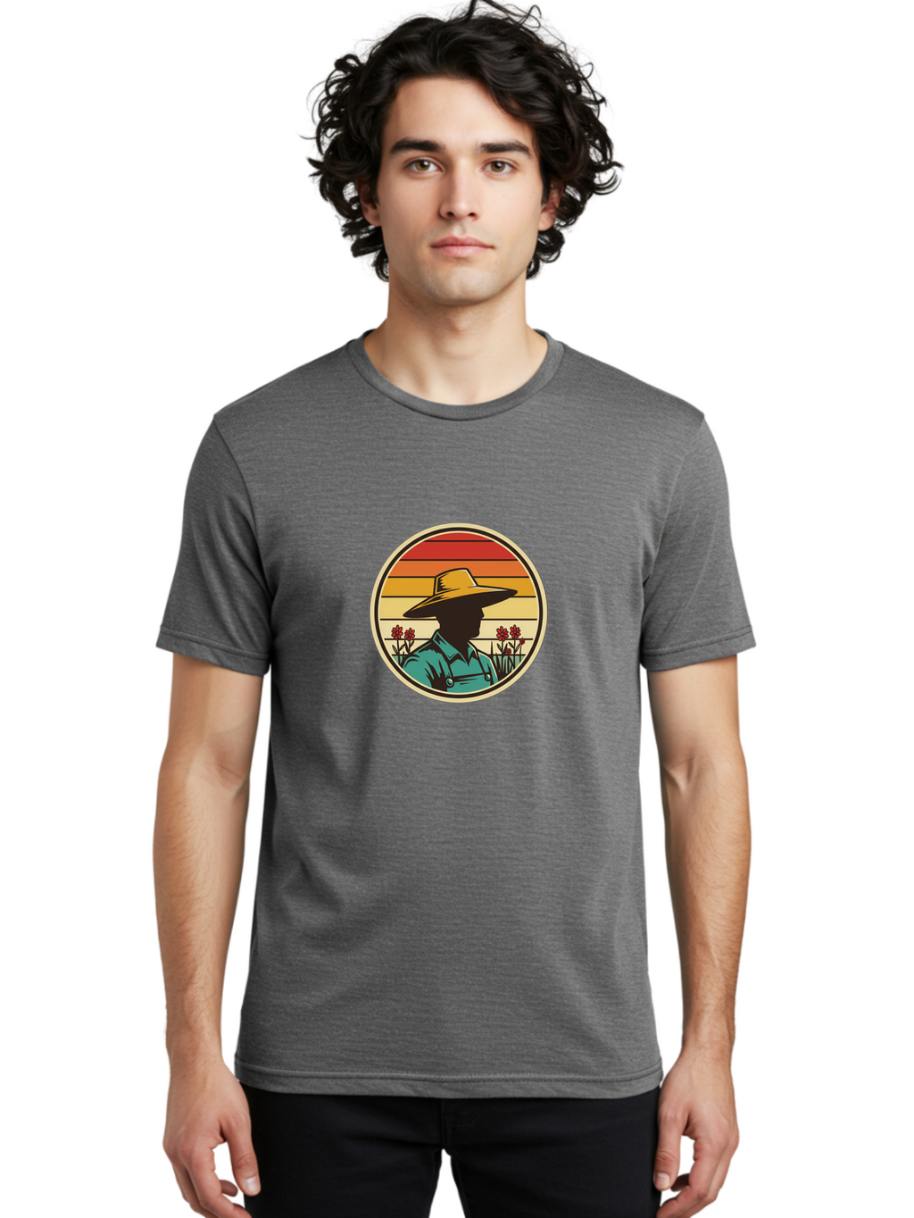 Farmer-Silhouette Men'S Graphic Tee, 100% Cotton, Comfortable Casual Summer Wear, Machine Washable, Farmer Silhouette, Vintage Style, Agricultural Theme, Retro Colors, Wide-Brimmed Hat, Collared Shirt, Flowers In Field, Warm Colors, Baa658