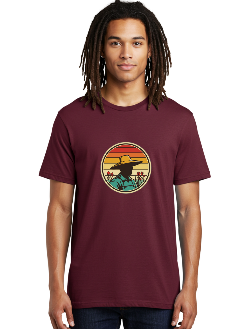 Farmer-Silhouette Men'S Graphic Tee, 100% Cotton, Comfortable Casual Summer Wear, Machine Washable, Farmer Silhouette, Vintage Style, Agricultural Theme, Retro Colors, Wide-Brimmed Hat, Collared Shirt, Flowers In Field, Warm Colors, Baa658