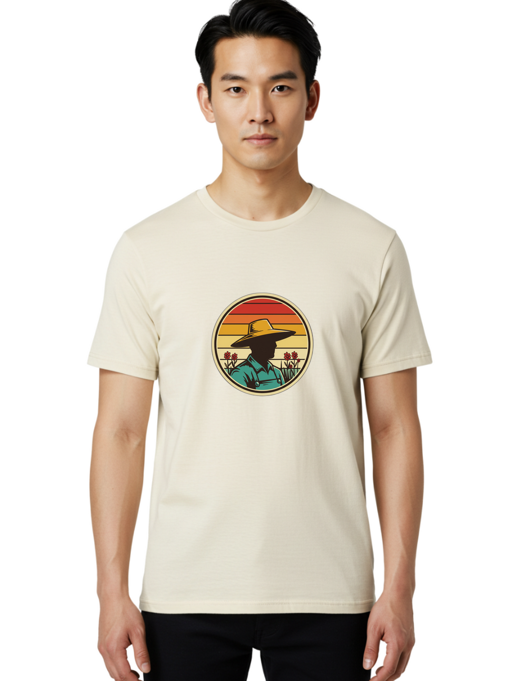 Farmer-Silhouette Men'S Graphic Tee, 100% Cotton, Comfortable Casual Summer Wear, Machine Washable, Farmer Silhouette, Vintage Style, Agricultural Theme, Retro Colors, Wide-Brimmed Hat, Collared Shirt, Flowers In Field, Warm Colors, Baa658