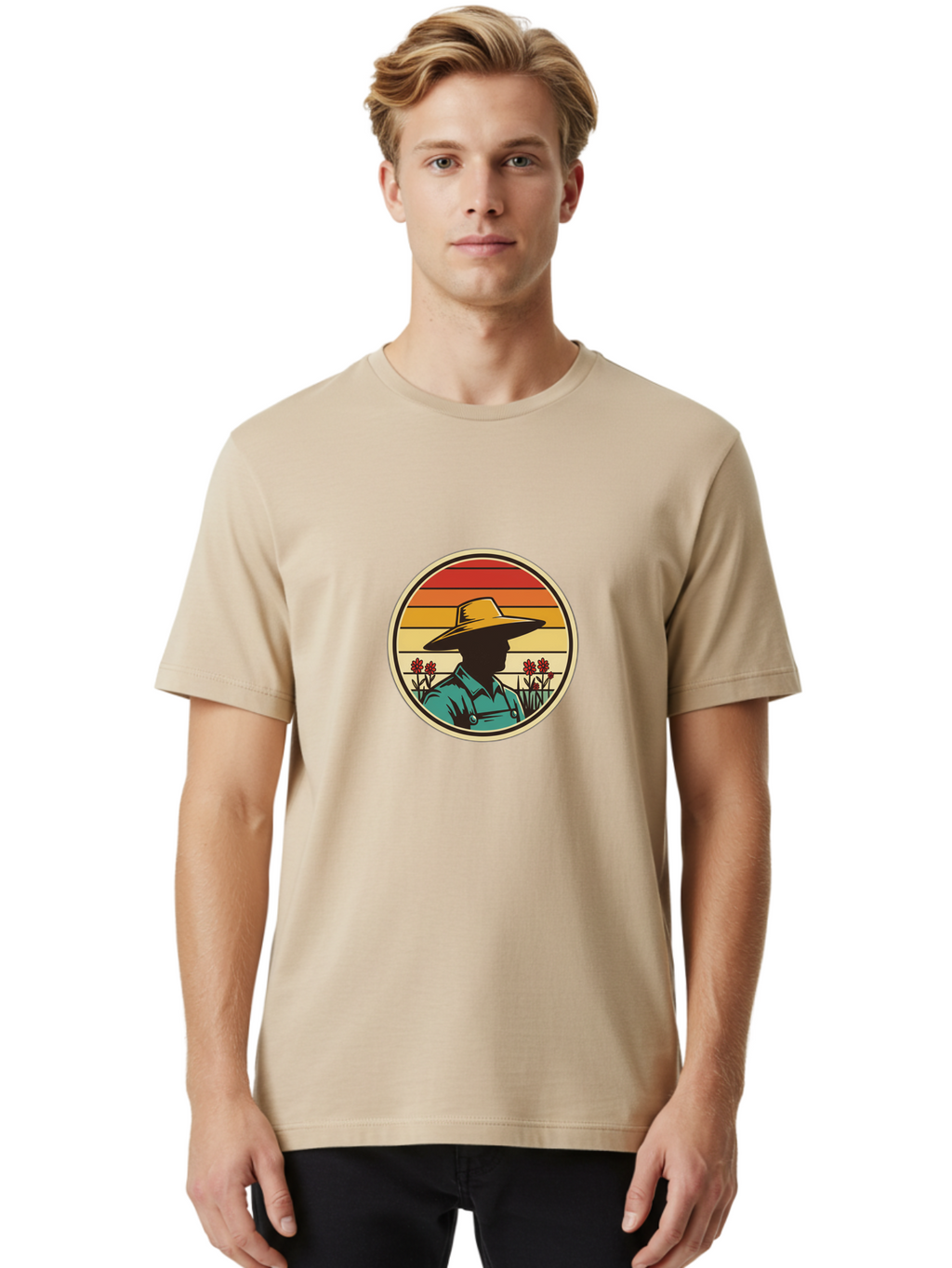 Farmer-Silhouette Men'S Graphic Tee, 100% Cotton, Comfortable Casual Summer Wear, Machine Washable, Farmer Silhouette, Vintage Style, Agricultural Theme, Retro Colors, Wide-Brimmed Hat, Collared Shirt, Flowers In Field, Warm Colors, Baa658