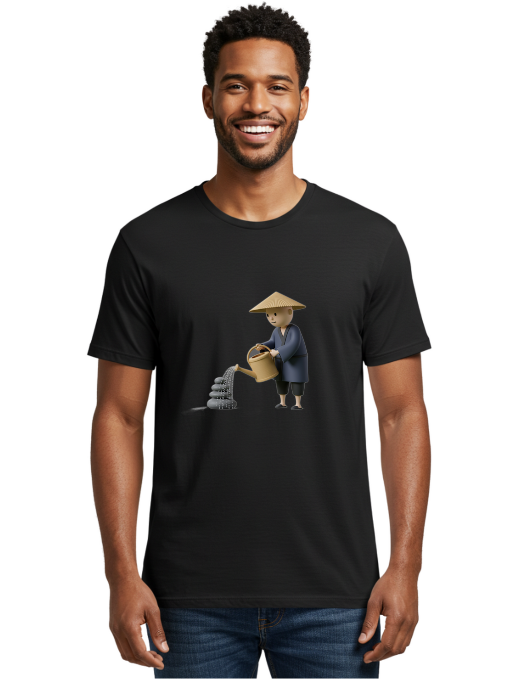 Farmer-Watering-Rocks Men'S Graphic Tee, 100% Cotton, Comfortable Casual Summer Wear, Machine Washable, Monk Watering Stones, Zen Garden, Peaceful Atmosphere, Serene Ambiance, Calming Scene, Tranquil Setting, 3D Illustration, Cartoon Style Baa659