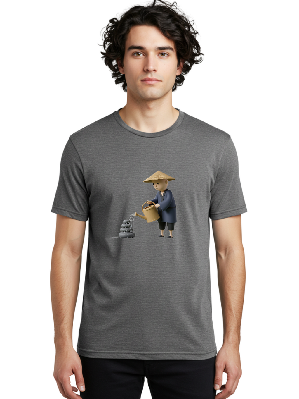 Farmer-Watering-Rocks Men'S Graphic Tee, 100% Cotton, Comfortable Casual Summer Wear, Machine Washable, Monk Watering Stones, Zen Garden, Peaceful Atmosphere, Serene Ambiance, Calming Scene, Tranquil Setting, 3D Illustration, Cartoon Style Baa659