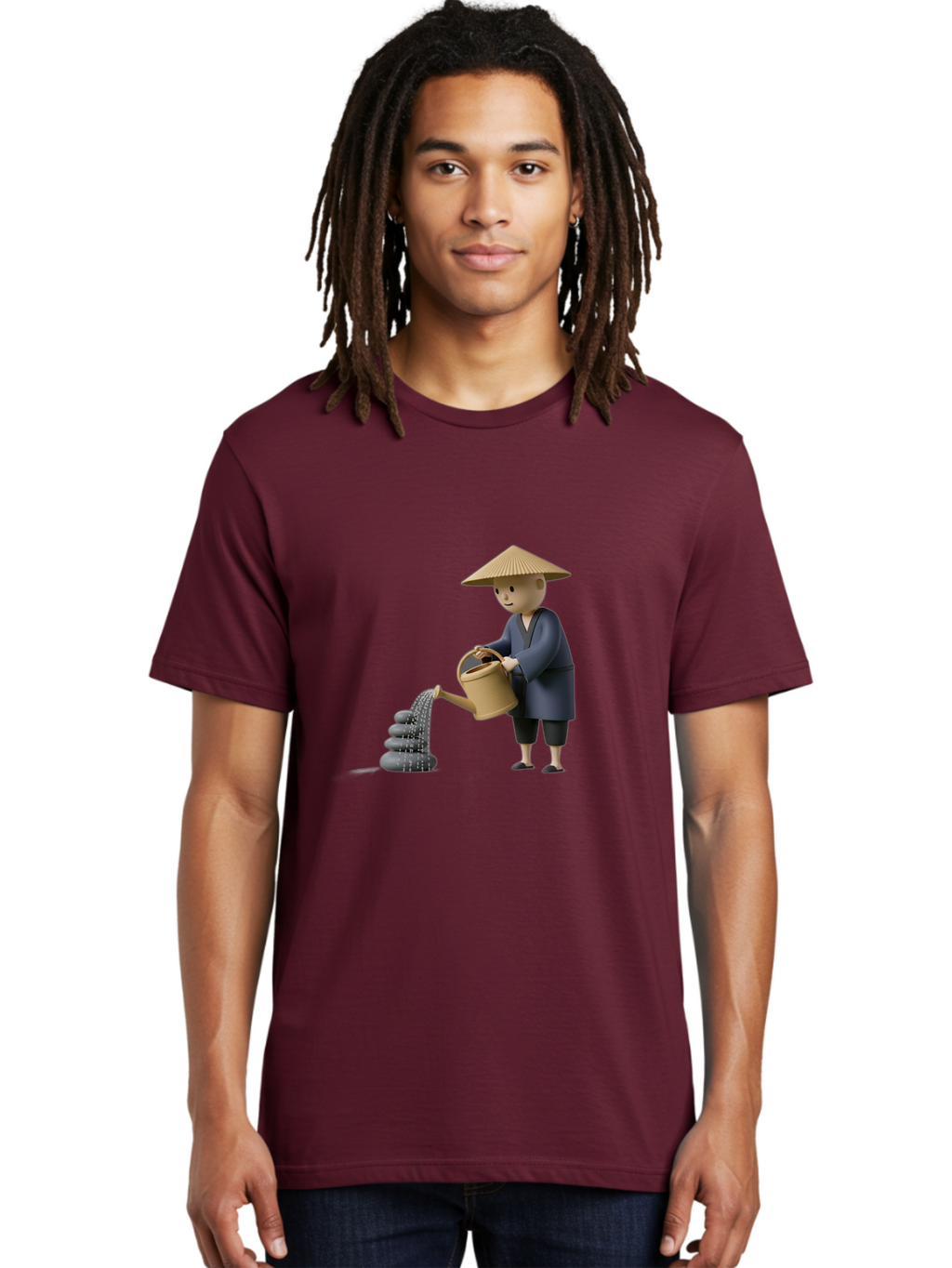 Farmer-Watering-Rocks Men'S Graphic Tee, 100% Cotton, Comfortable Casual Summer Wear, Machine Washable, Monk Watering Stones, Zen Garden, Peaceful Atmosphere, Serene Ambiance, Calming Scene, Tranquil Setting, 3D Illustration, Cartoon Style Baa659