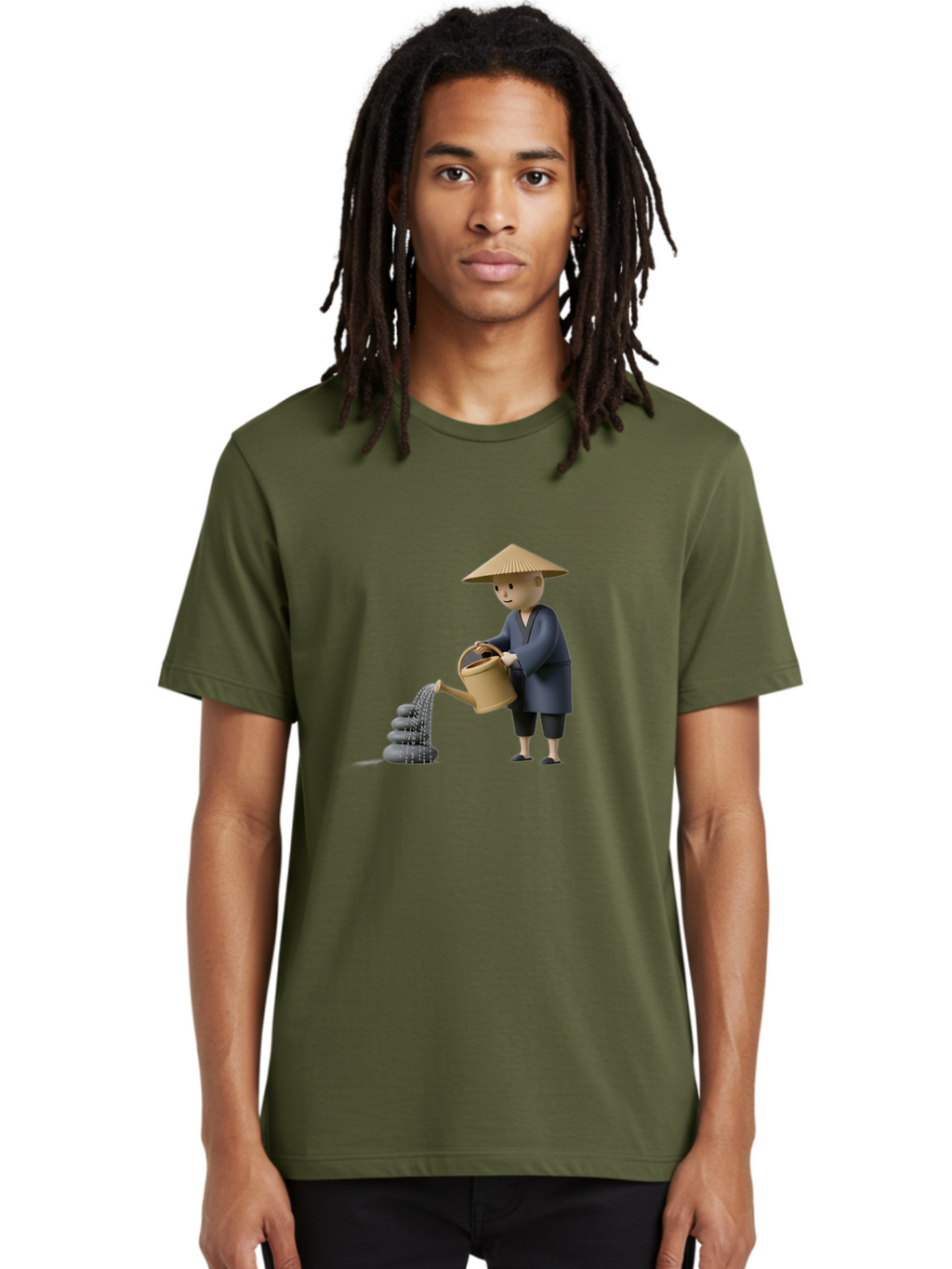 Farmer-Watering-Rocks Men'S Graphic Tee, 100% Cotton, Comfortable Casual Summer Wear, Machine Washable, Monk Watering Stones, Zen Garden, Peaceful Atmosphere, Serene Ambiance, Calming Scene, Tranquil Setting, 3D Illustration, Cartoon Style Baa659