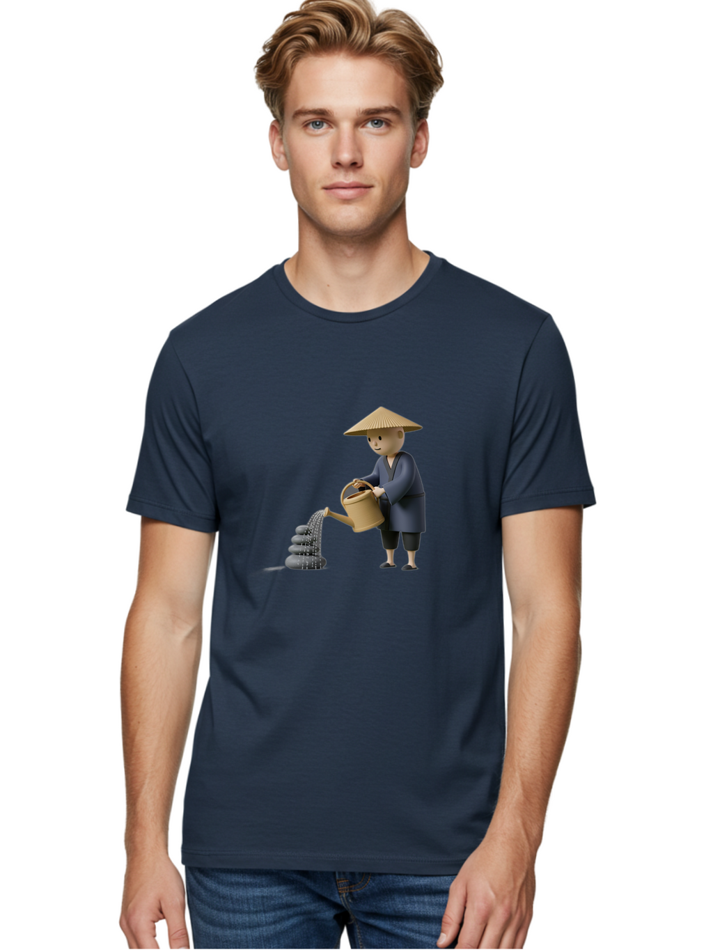 Farmer-Watering-Rocks Men'S Graphic Tee, 100% Cotton, Comfortable Casual Summer Wear, Machine Washable, Monk Watering Stones, Zen Garden, Peaceful Atmosphere, Serene Ambiance, Calming Scene, Tranquil Setting, 3D Illustration, Cartoon Style Baa659