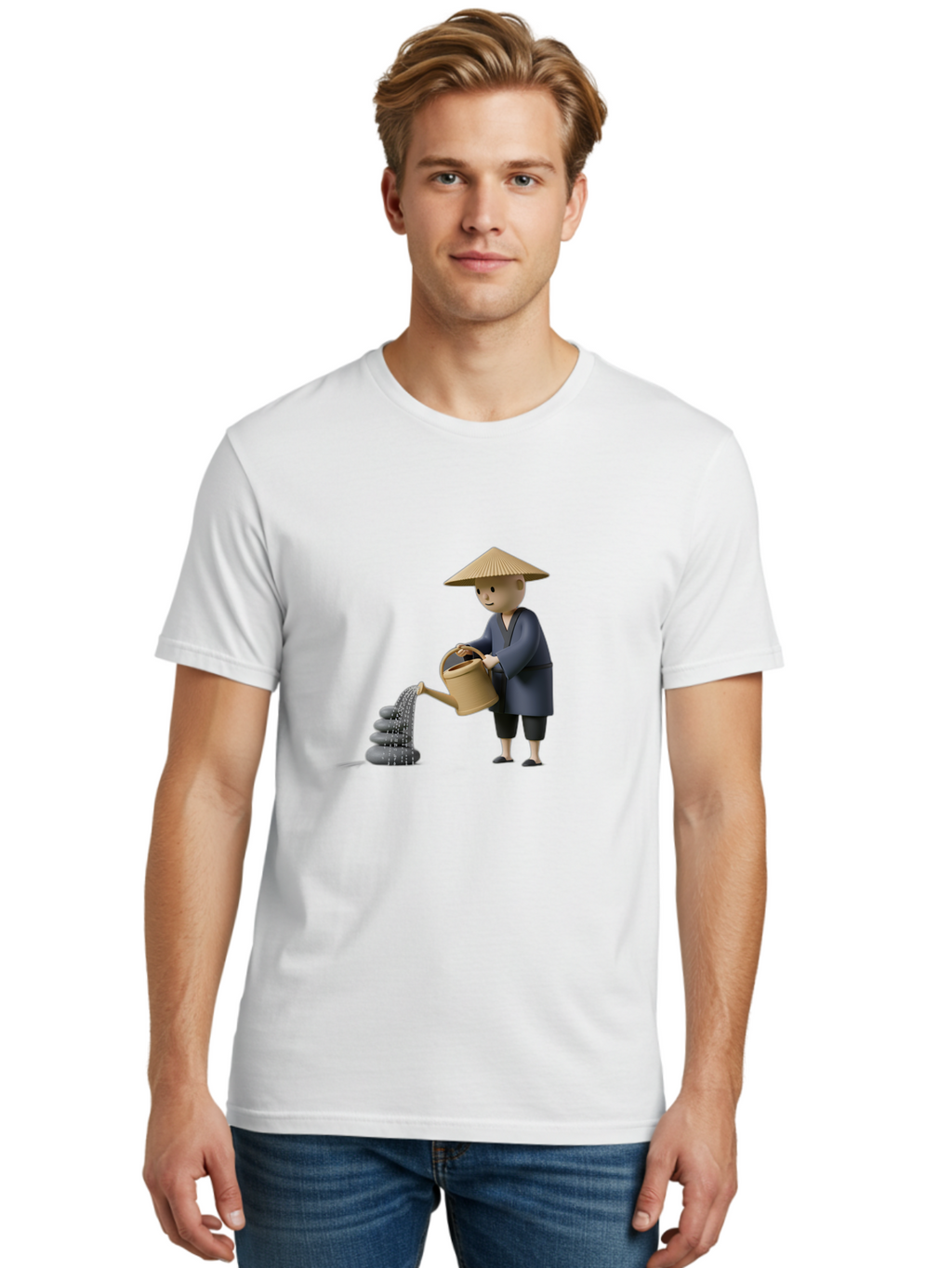 Farmer-Watering-Rocks Men'S Graphic Tee, 100% Cotton, Comfortable Casual Summer Wear, Machine Washable, Monk Watering Stones, Zen Garden, Peaceful Atmosphere, Serene Ambiance, Calming Scene, Tranquil Setting, 3D Illustration, Cartoon Style Baa659