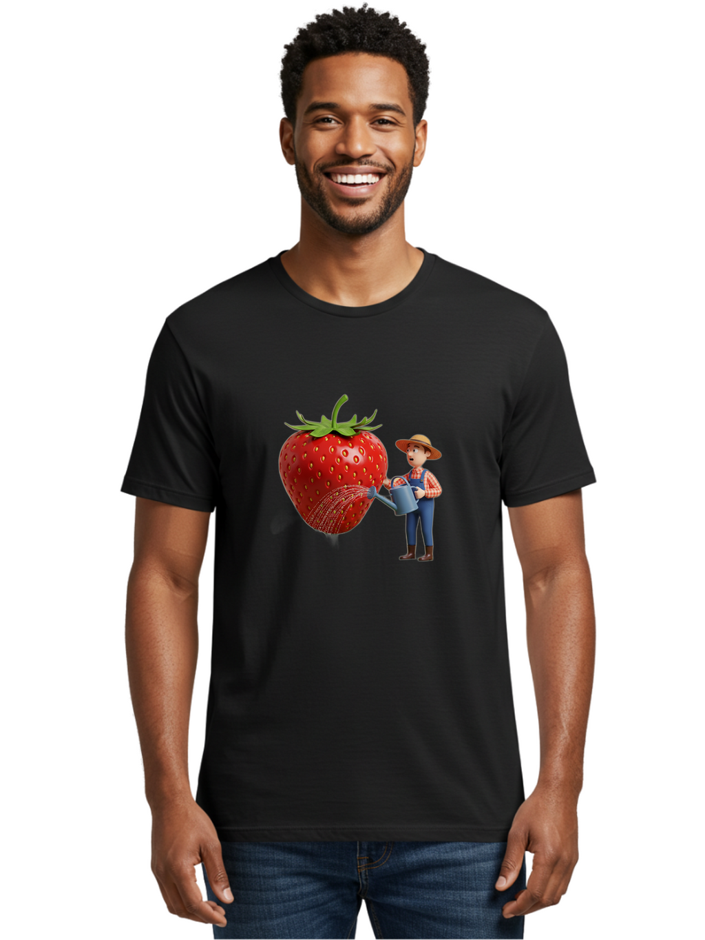 Farmer-Waters-Strawberry Men'S Graphic Tee, 100% Cotton, Comfortable Casual Summer Wear, Machine Washable, Cartoon Farmer Watering Giant Strawberry, Rural Life, Fruit Care, Gardening Scene, Farm Fresh Produce, Agricultural Theme, Baa660