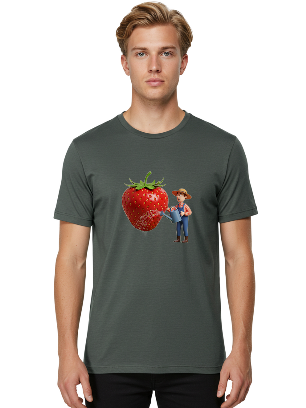Farmer-Waters-Strawberry Men'S Graphic Tee, 100% Cotton, Comfortable Casual Summer Wear, Machine Washable, Cartoon Farmer Watering Giant Strawberry, Rural Life, Fruit Care, Gardening Scene, Farm Fresh Produce, Agricultural Theme, Baa660