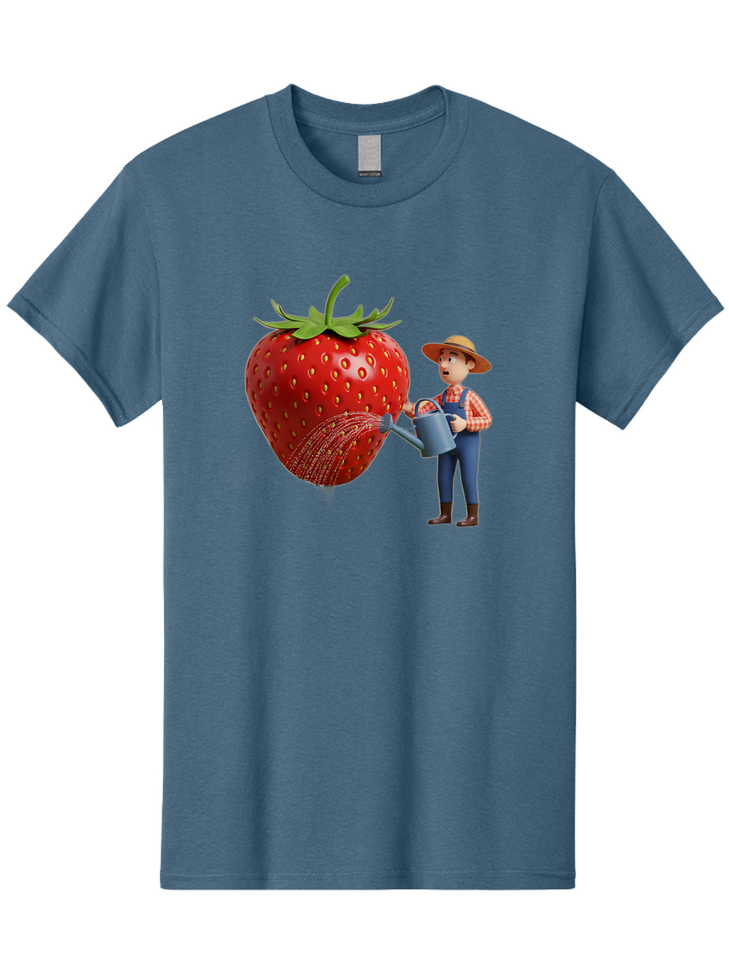 Farmer-Waters-Strawberry Men'S Graphic Tee, 100% Cotton, Comfortable Casual Summer Wear, Machine Washable, Cartoon Farmer Watering Giant Strawberry, Rural Life, Fruit Care, Gardening Scene, Farm Fresh Produce, Agricultural Theme, Baa660
