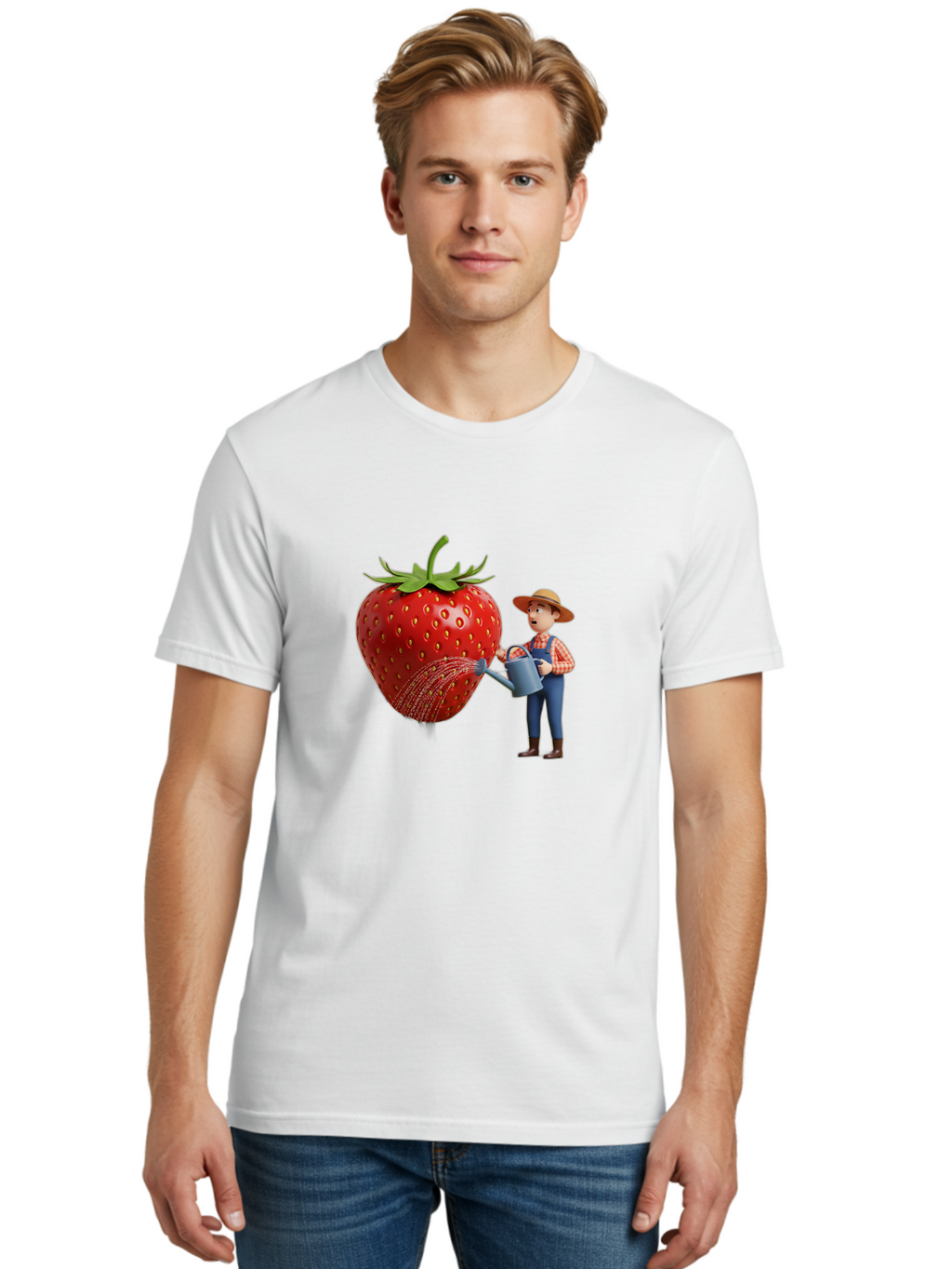 Farmer-Waters-Strawberry Men'S Graphic Tee, 100% Cotton, Comfortable Casual Summer Wear, Machine Washable, Cartoon Farmer Watering Giant Strawberry, Rural Life, Fruit Care, Gardening Scene, Farm Fresh Produce, Agricultural Theme, Baa660