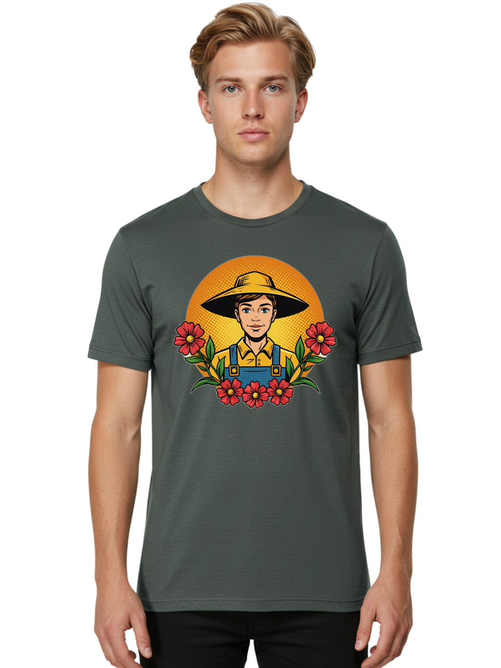 Farmer-With-Flowers Men'S Graphic Tee, 100% Cotton, Comfortable Casual Summer Wear, Machine Washable, Young Farmer, Gardening, Flowers, Floral Arrangement, Gardening Overall, Yellow Hat, Red Flowers, Gardening Illustration, Agricultural Theme, Baa661