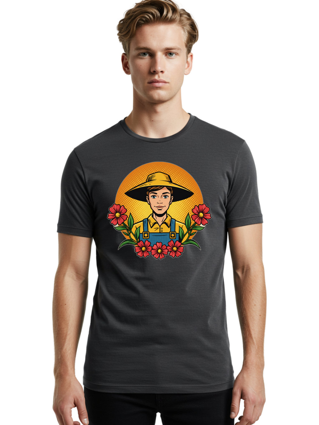 Farmer-With-Flowers Men'S Graphic Tee, 100% Cotton, Comfortable Casual Summer Wear, Machine Washable, Young Farmer, Gardening, Flowers, Floral Arrangement, Gardening Overall, Yellow Hat, Red Flowers, Gardening Illustration, Agricultural Theme, Baa661