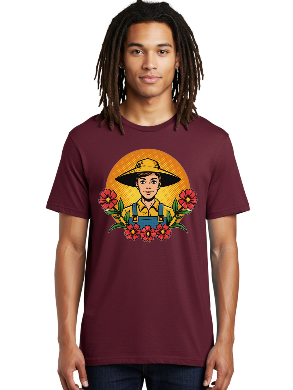Farmer-With-Flowers Men'S Graphic Tee, 100% Cotton, Comfortable Casual Summer Wear, Machine Washable, Young Farmer, Gardening, Flowers, Floral Arrangement, Gardening Overall, Yellow Hat, Red Flowers, Gardening Illustration, Agricultural Theme, Baa661
