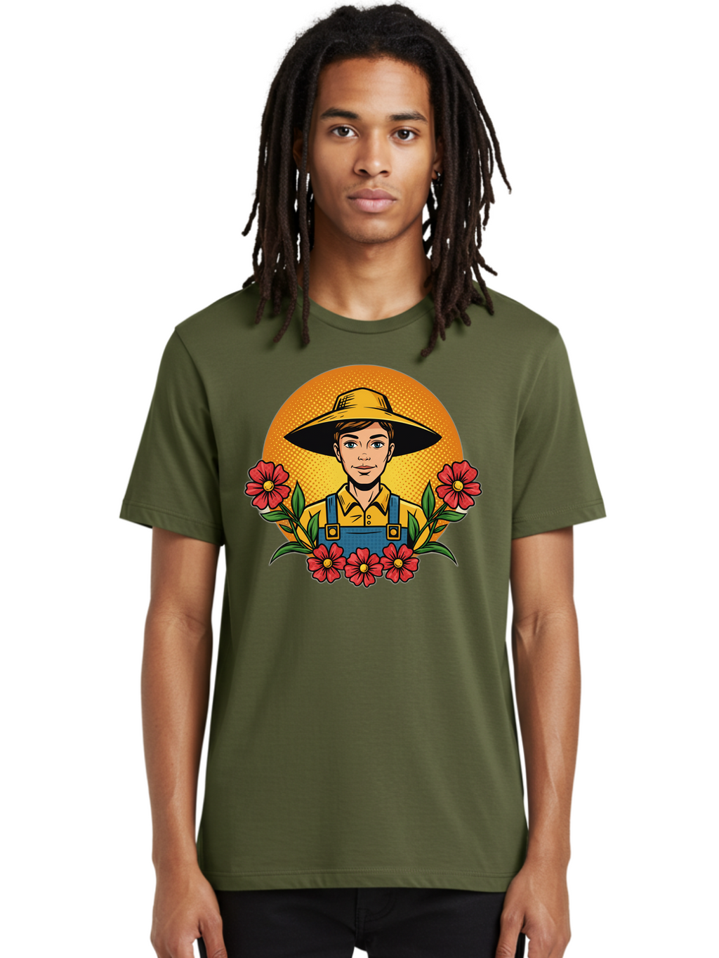 Farmer-With-Flowers Men'S Graphic Tee, 100% Cotton, Comfortable Casual Summer Wear, Machine Washable, Young Farmer, Gardening, Flowers, Floral Arrangement, Gardening Overall, Yellow Hat, Red Flowers, Gardening Illustration, Agricultural Theme, Baa661