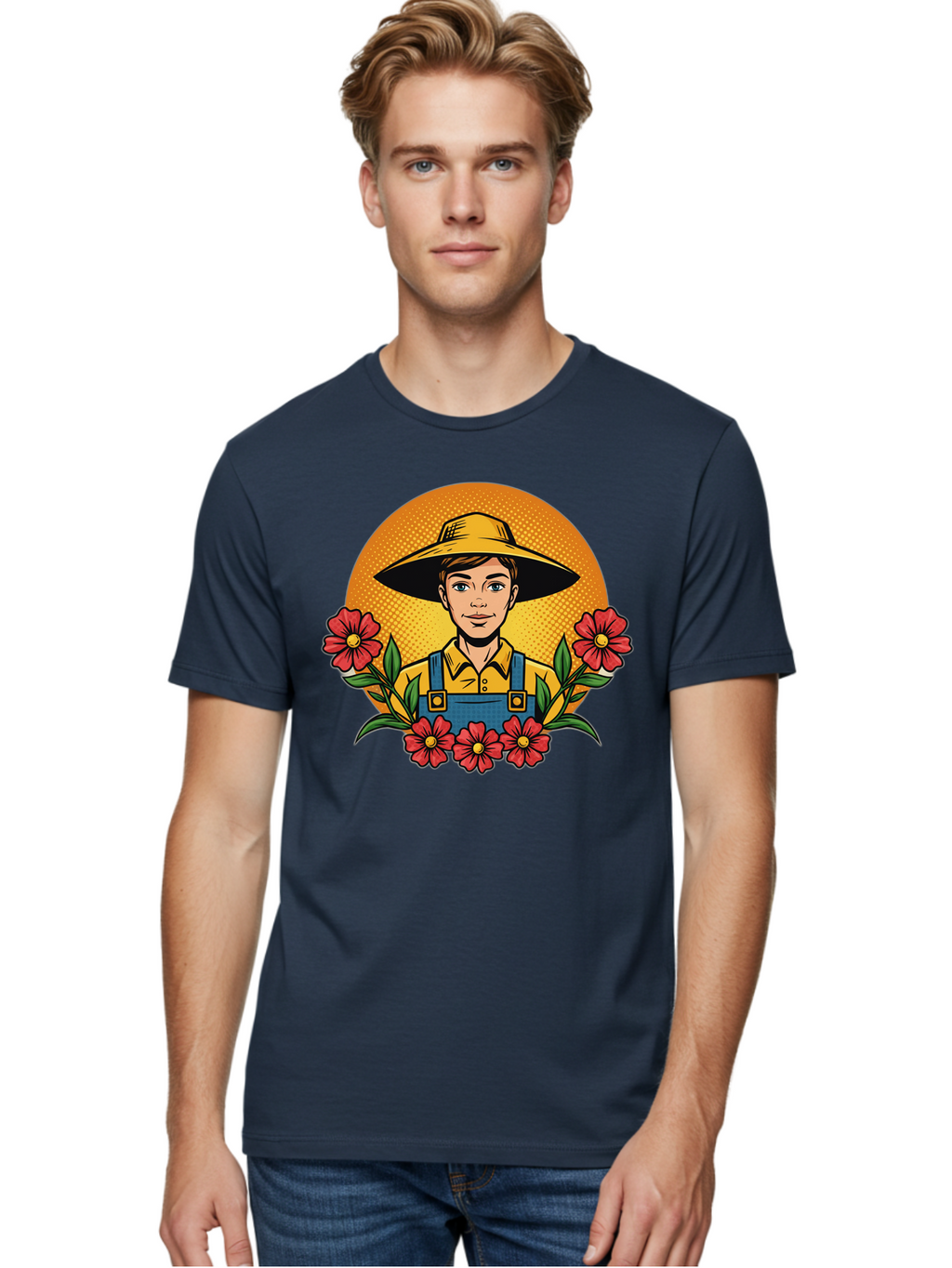 Farmer-With-Flowers Men'S Graphic Tee, 100% Cotton, Comfortable Casual Summer Wear, Machine Washable, Young Farmer, Gardening, Flowers, Floral Arrangement, Gardening Overall, Yellow Hat, Red Flowers, Gardening Illustration, Agricultural Theme, Baa661
