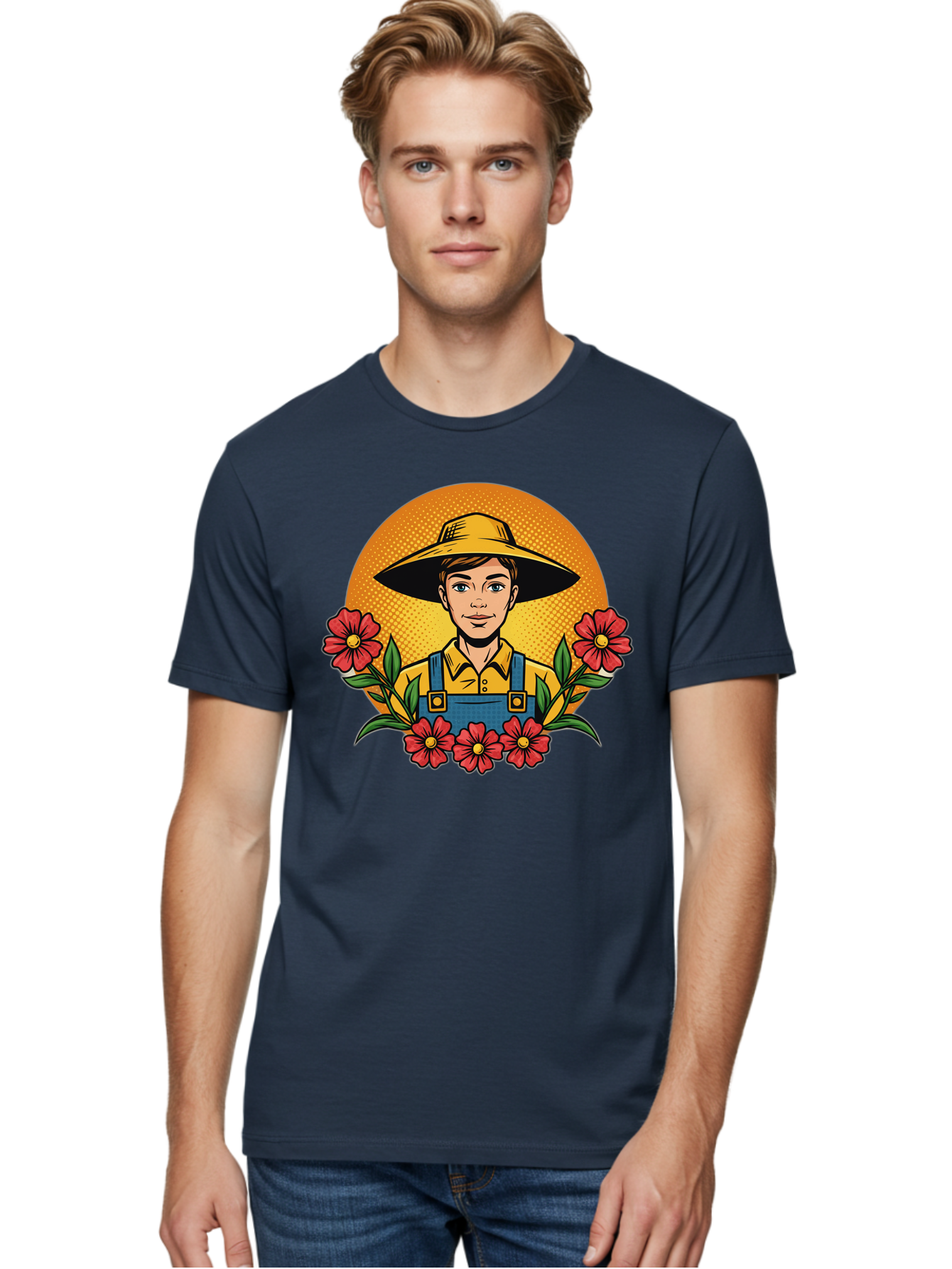 Farmer-With-Flowers Men'S Graphic Tee, 100% Cotton, Comfortable Casual Summer Wear, Machine Washable, Young Farmer, Gardening, Flowers, Floral Arrangement, Gardening Overall, Yellow Hat, Red Flowers, Gardening Illustration, Agricultural Theme, Baa661