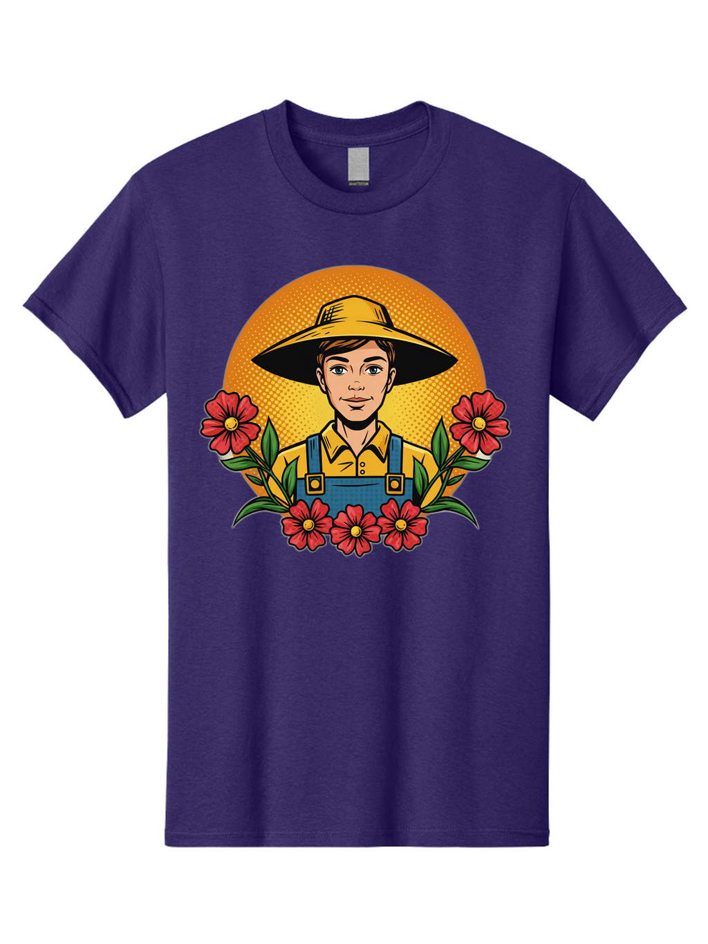 Farmer-With-Flowers Men'S Graphic Tee, 100% Cotton, Comfortable Casual Summer Wear, Machine Washable, Young Farmer, Gardening, Flowers, Floral Arrangement, Gardening Overall, Yellow Hat, Red Flowers, Gardening Illustration, Agricultural Theme, Baa661