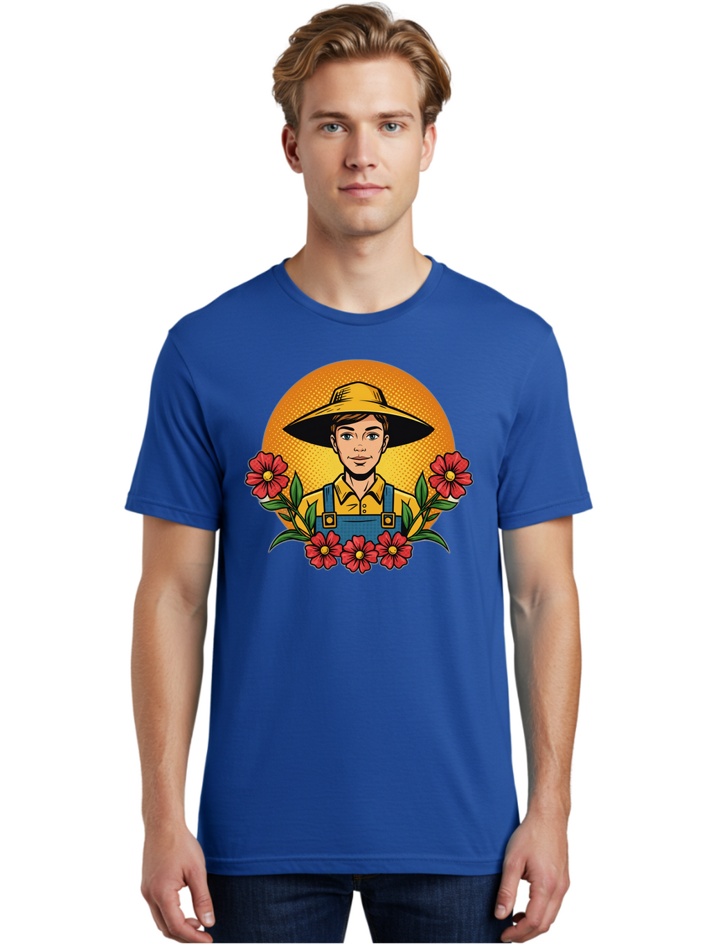 Farmer-With-Flowers Men'S Graphic Tee, 100% Cotton, Comfortable Casual Summer Wear, Machine Washable, Young Farmer, Gardening, Flowers, Floral Arrangement, Gardening Overall, Yellow Hat, Red Flowers, Gardening Illustration, Agricultural Theme, Baa661