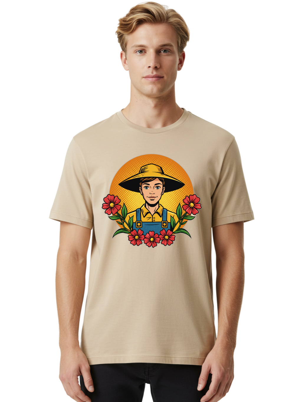Farmer-With-Flowers Men'S Graphic Tee, 100% Cotton, Comfortable Casual Summer Wear, Machine Washable, Young Farmer, Gardening, Flowers, Floral Arrangement, Gardening Overall, Yellow Hat, Red Flowers, Gardening Illustration, Agricultural Theme, Baa661